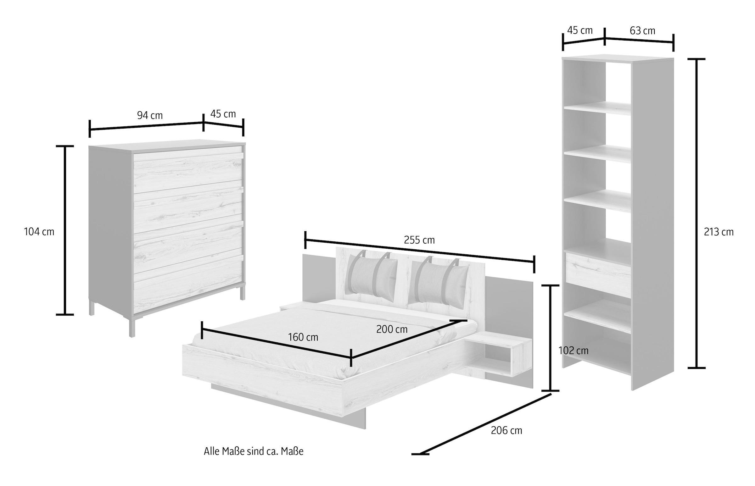 Gami Schlafzimmer-Set »Mimizan«, (6 St., Bett, 2 Kissen und inkl. 2x Nachttische, 1x Kleiderschrank, 1x Kommode)