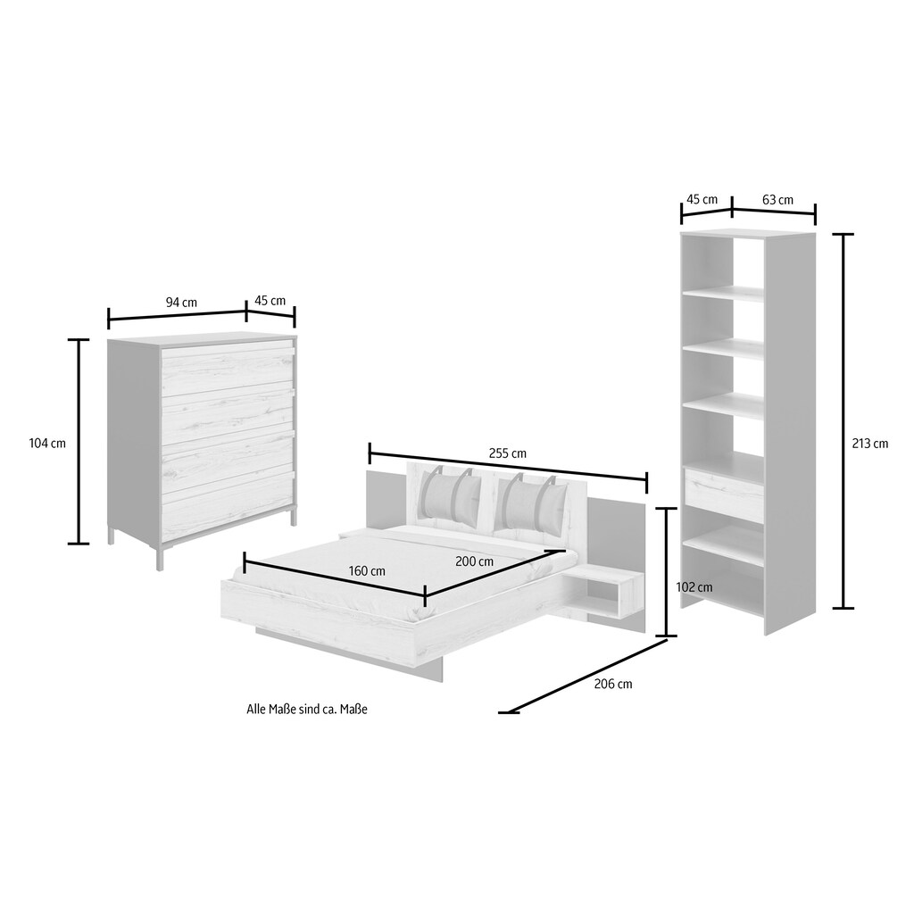 Gami Schlafzimmer-Set »Mimizan«, (6 St., Bett, 2 Kissen und inkl. 2x Nachttische, 1x Kleiderschrank, 1x Kommode)