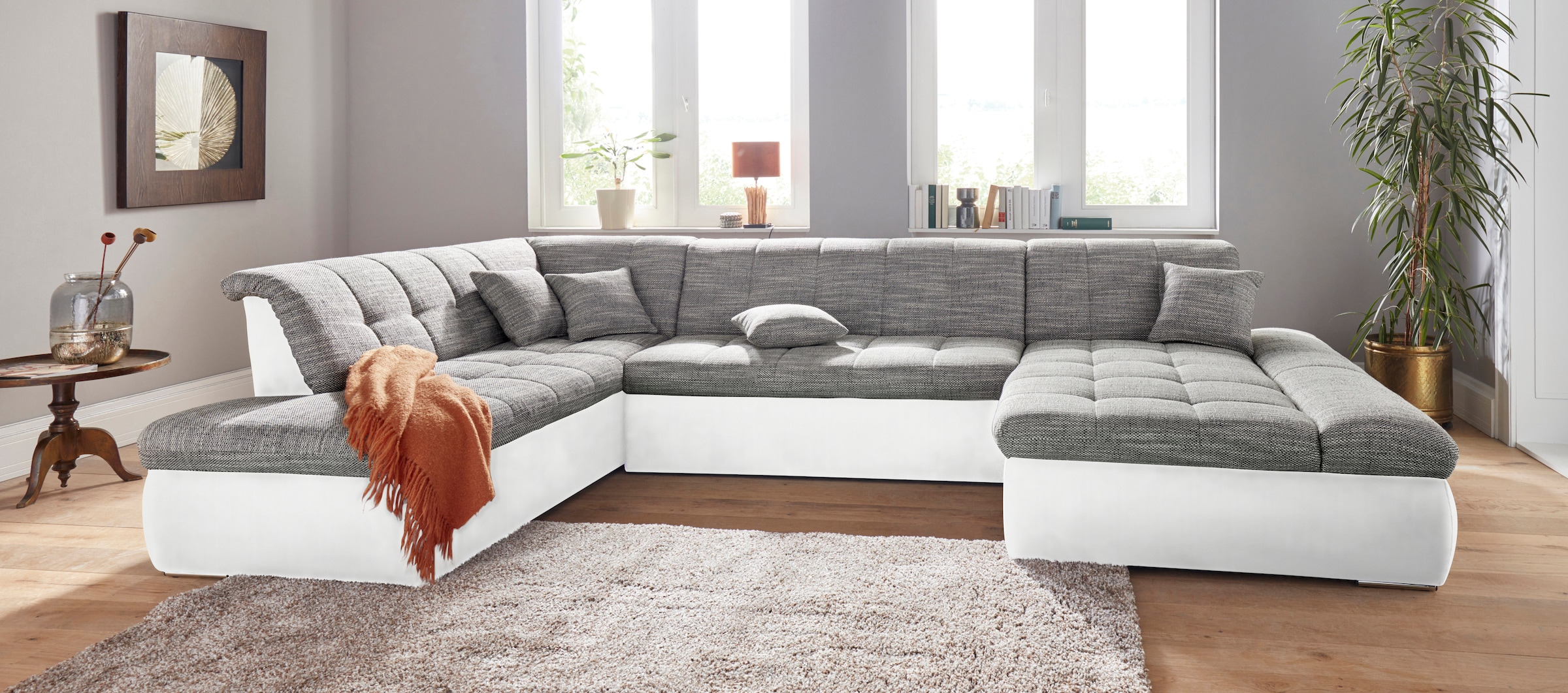 DOMO collection Wohnlandschaft "MORIC Massiv - Belastbar bis 140 kgxSitz, 353x216x80 cm, XXL" U-Form, inkl. Zierkissen