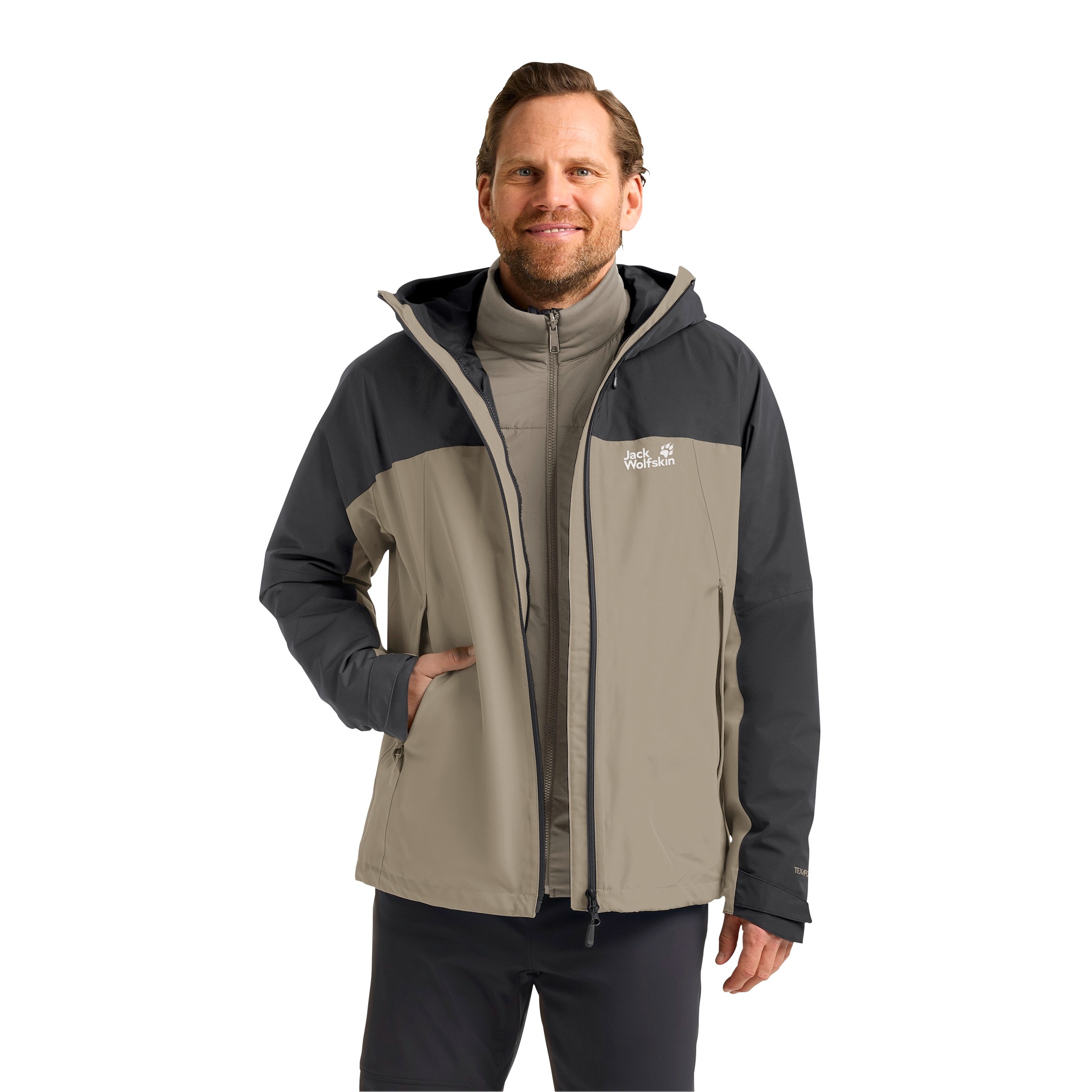 Jack Wolfskin 3-in-1-Funktionsjacke mit Kapuze mit Kapuze mit regulierbarem Elastikband, wasserdicht, winddicht