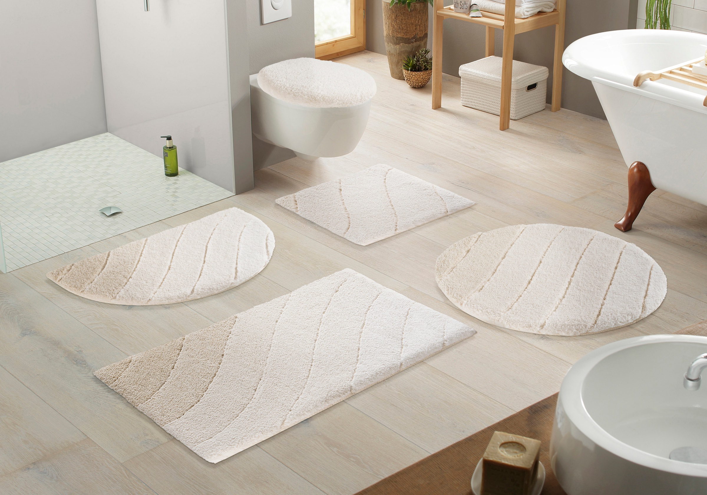 Kleine Wolke Badematte »Donna«, rutschhemmend beschichtet, fußbodenheizungsgeeignet-schnell trocknend, Wellen Design, Pastell, 3-tlg. Set, rechteckig & rund erhältlich