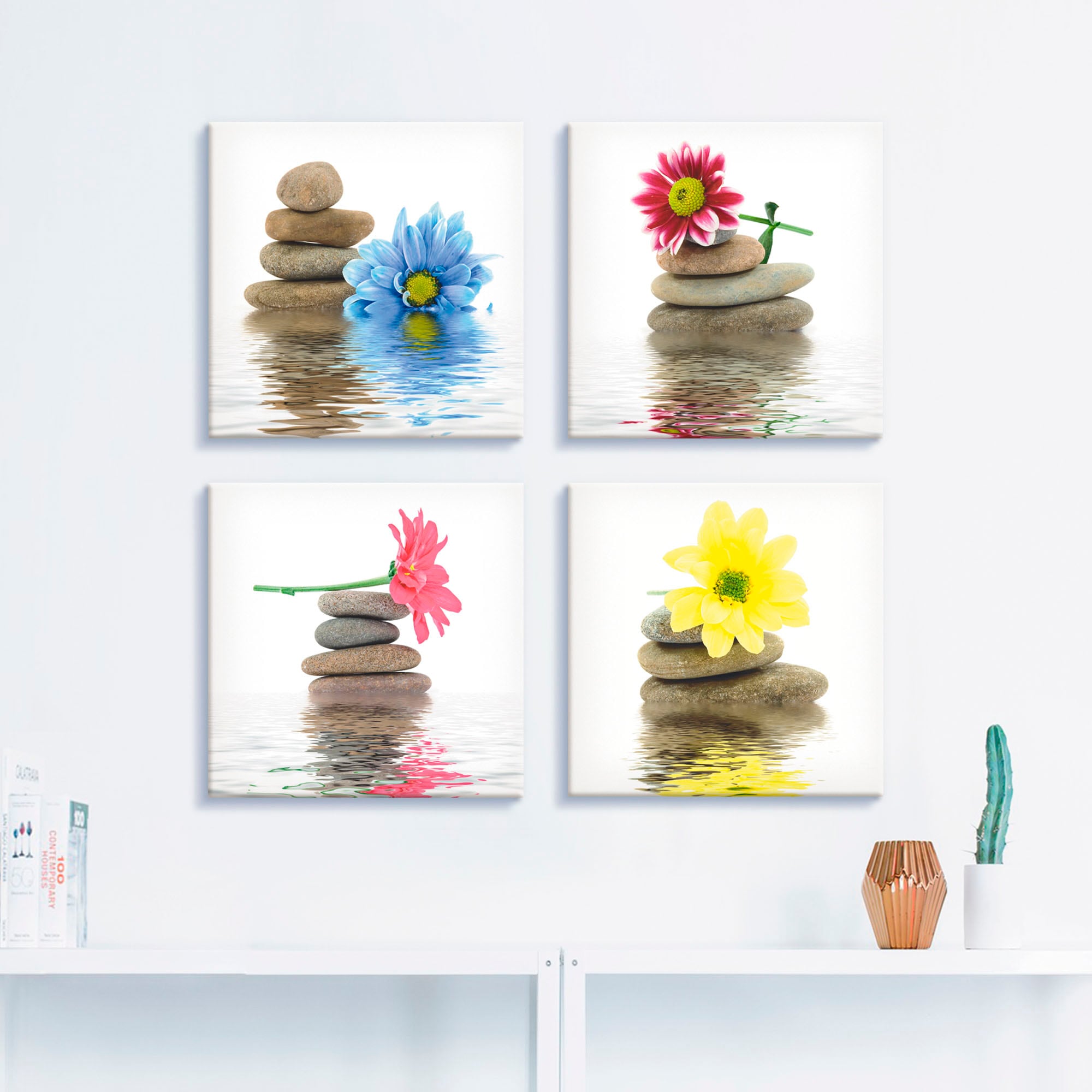 Artland Leinwandbild »Zen Therapie-Steine mit Blumen«, Zen, (4 St.), 4er Set, verschiedene Größen