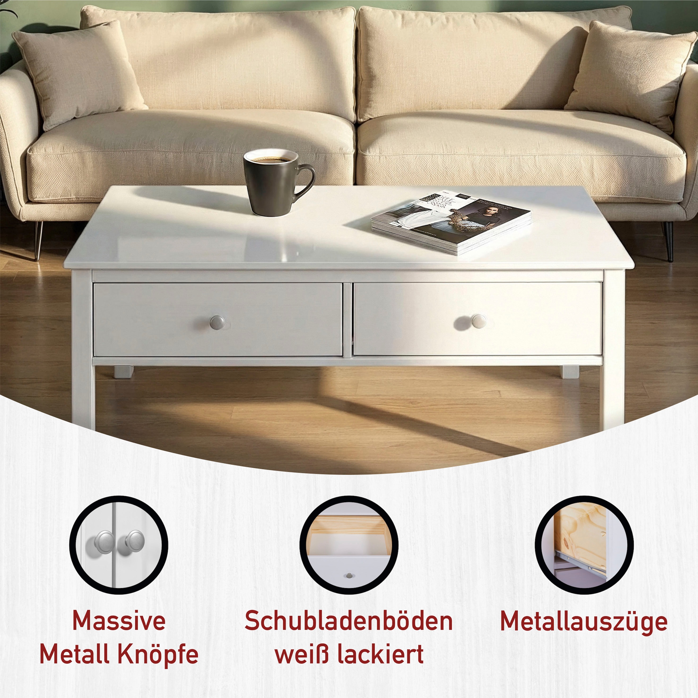 Inter Link Couchtisch »Pinora aus massiver Kiefer, weiss lackiert, 110 x 70 x 47 cm« 1 Stk. tlg. Salontisch im modernem Skandi Look, mit 2 Schubladen