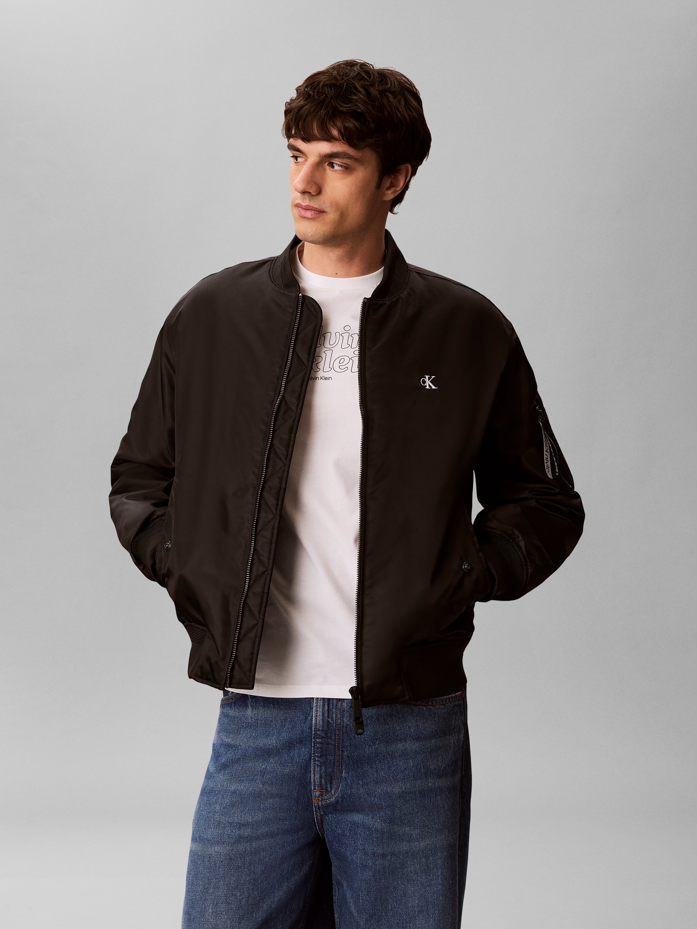 Calvin Klein Jeans Bomberjacke Rippkragen, Regular Fit, Logo-Stickerei
