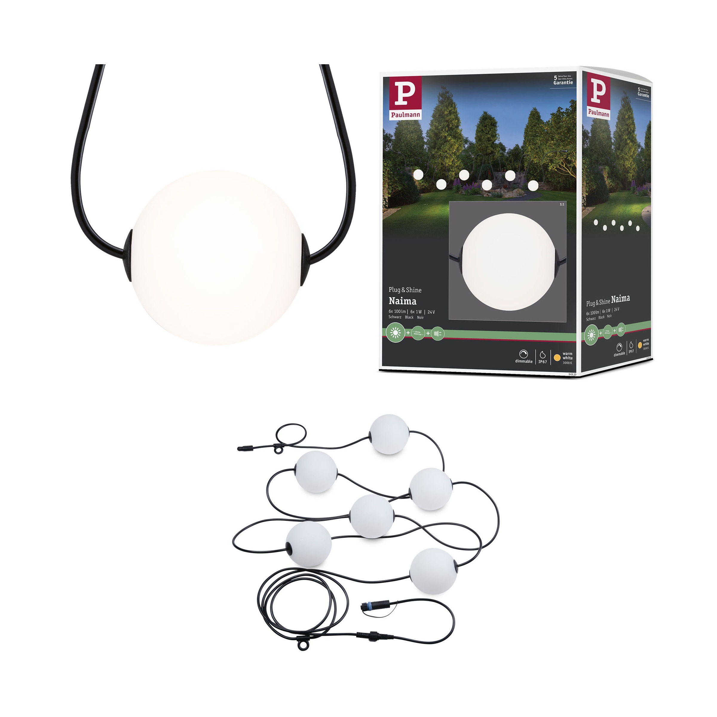 Paulmann LED-Lichterkette »Naima IP67 3000K 6x1W 5,88m Schwarz« 6 Stk.-flammig dimmbar