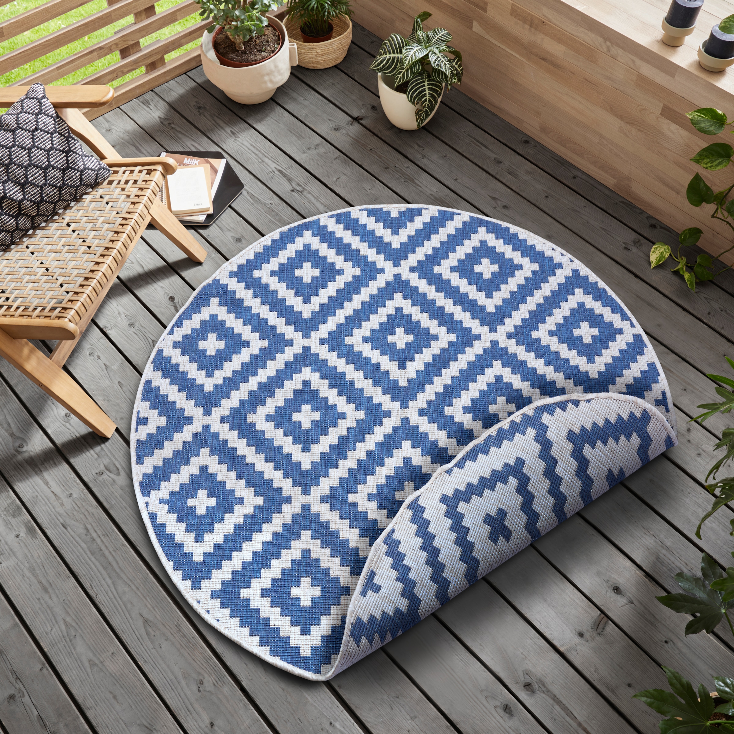 Teppich OTTO HOME "Ronda Wendeteppich", blau (blau, creme), H:5mm Ø:120cm, Kunstfaser, Teppiche, Teppich, Sisal-Optik, Flachgewebe, In- und Outdoor, geometrisches Boho Design