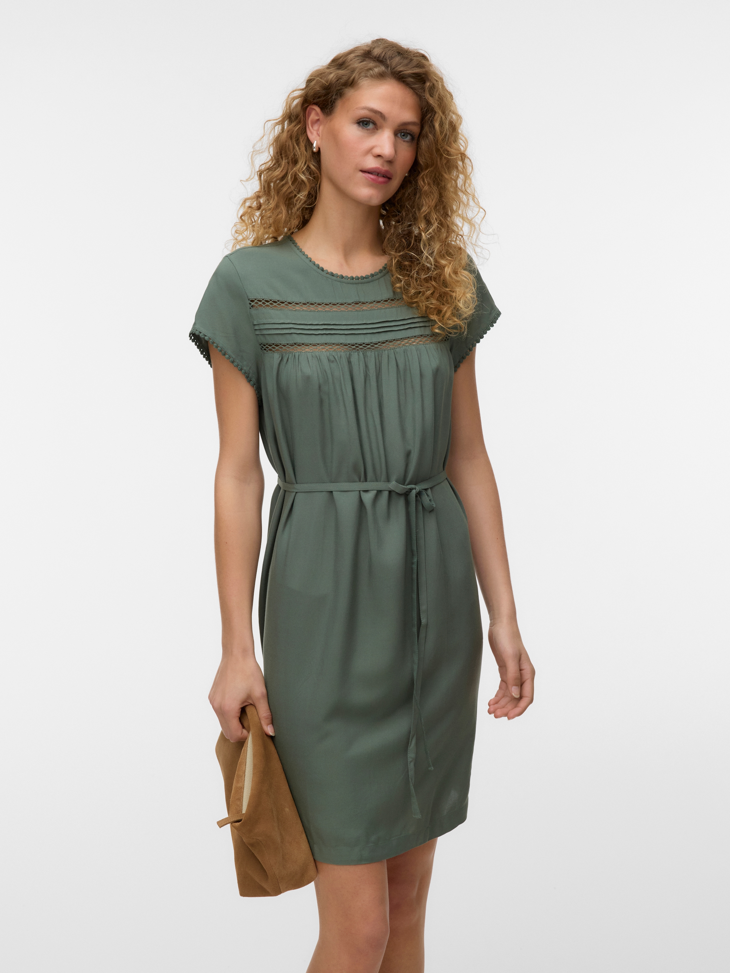 Vero Moda Minikleid "Vmdebbie Pleat Sl Short Dress Wvn" Viskose, Bindegürtel