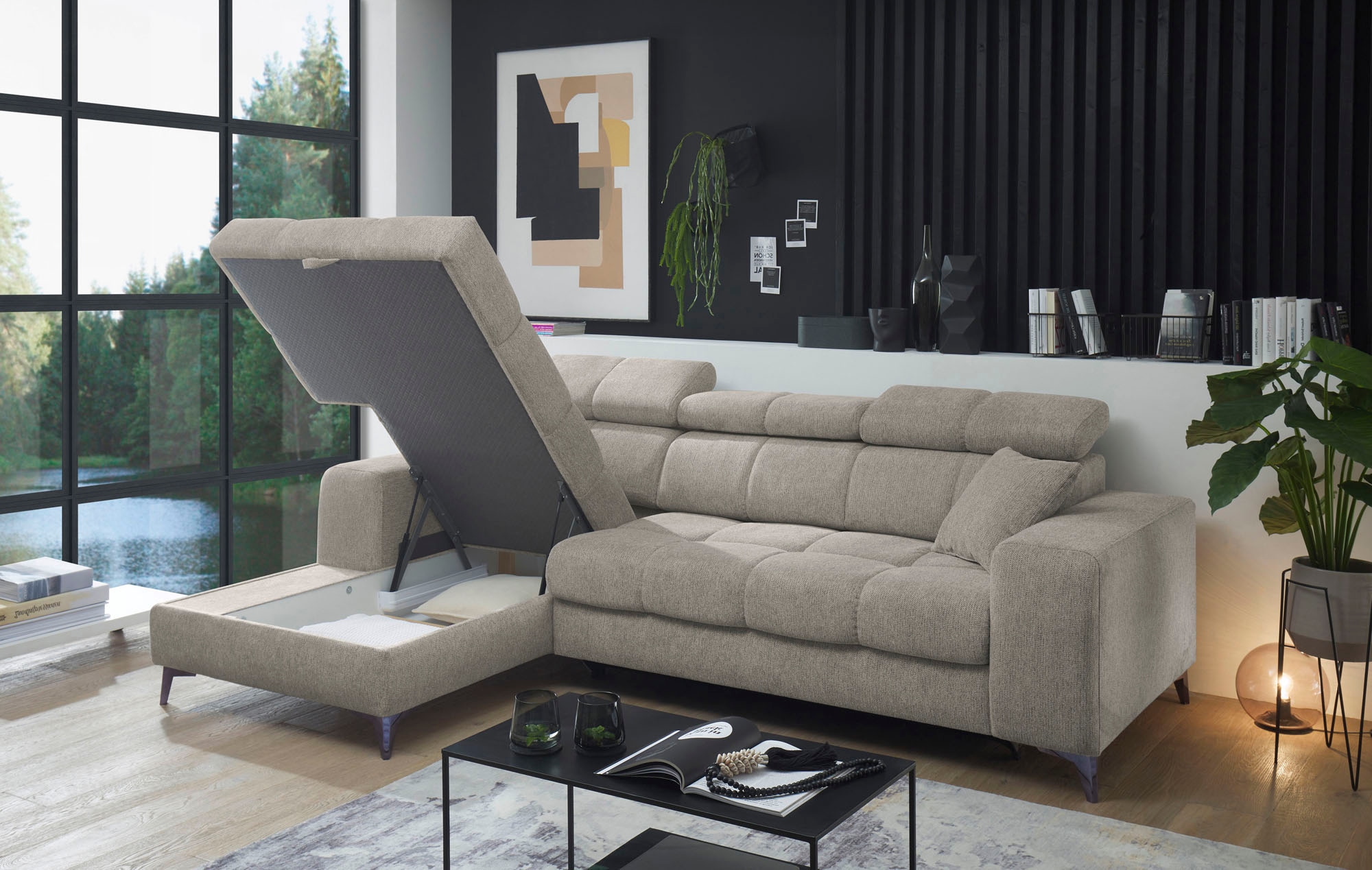 ED EXCITING DESIGN Ecksofa »Sydney L-Form«, mit Bettfunktion, Bettkasten, Kopfteilverstellung & 2 Zierkissen