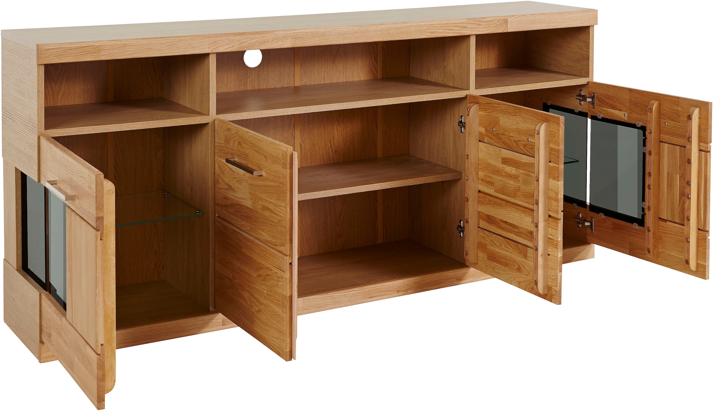 Home affaire Sideboard »Ribe,180cm breit,Fronten Masivholz,9 Fächer,4 Türen«, Holz massiv, Holzwerkstoff, Metall Griffe,2Türen mit Glaseinsatz