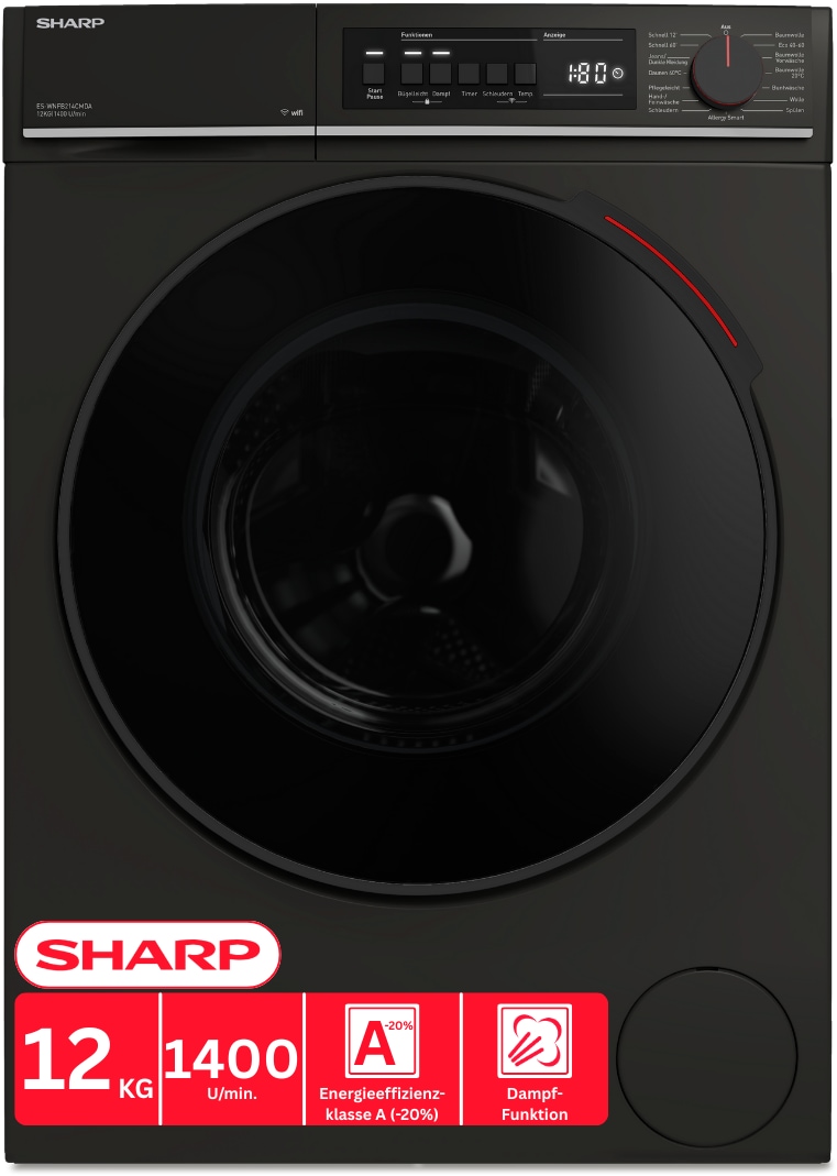 Sharp Waschmaschine Mid Class »ES-WNFB214CMDA-DE« 12 kg 1400 U/min 12kg / +WIFI / A-20% / black Doorring+knob/Steam/
Mat Black