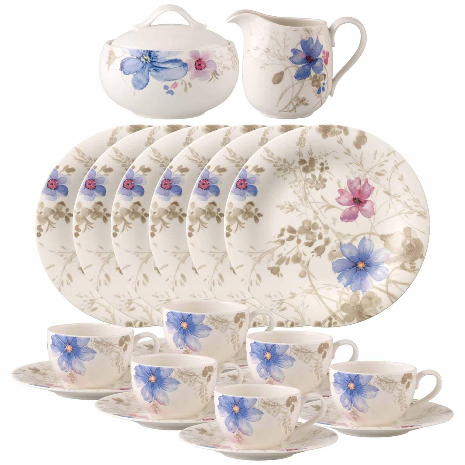 Villeroy & Boch Geschirr-Set "Kaffeeservice Mariefleur Gris Basic 20er Set bunt" Spülmaschinengeeignet, Mikrowellenfest