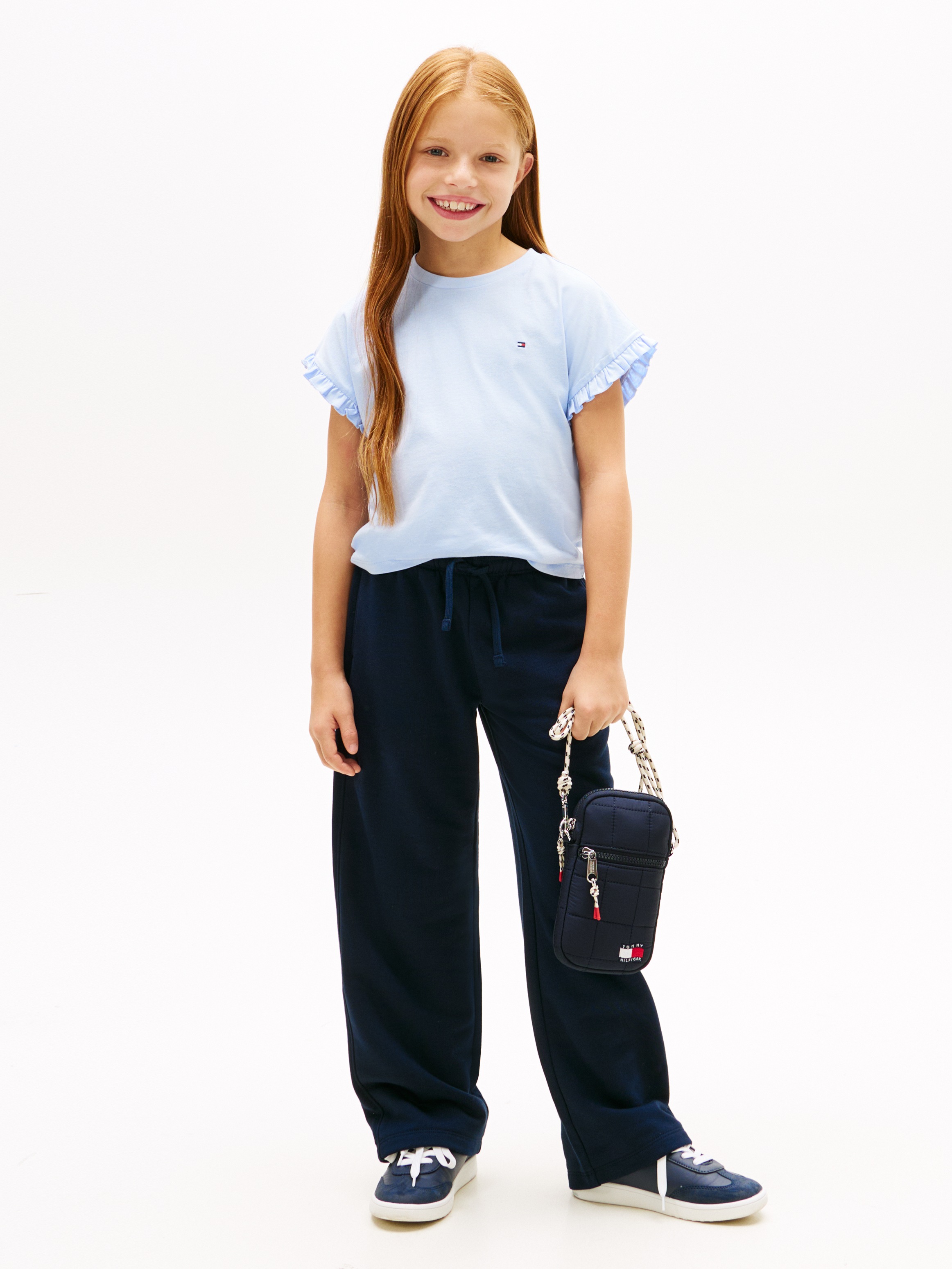 T-Shirt TOMMY HILFIGER "ESSENTIAL TOP SHORT SLEEVE", Mädchen, Gr. 10 (140), sweet blau, Single Jersey, Obermaterial: 60% Baumwolle, 40% Polyester, unifarben, relaxed fit normal, Rundhals, Rüschen, Shirts T-Shirt, Kinder bis 16 Jahre, mit Rüschen, relaxed  4