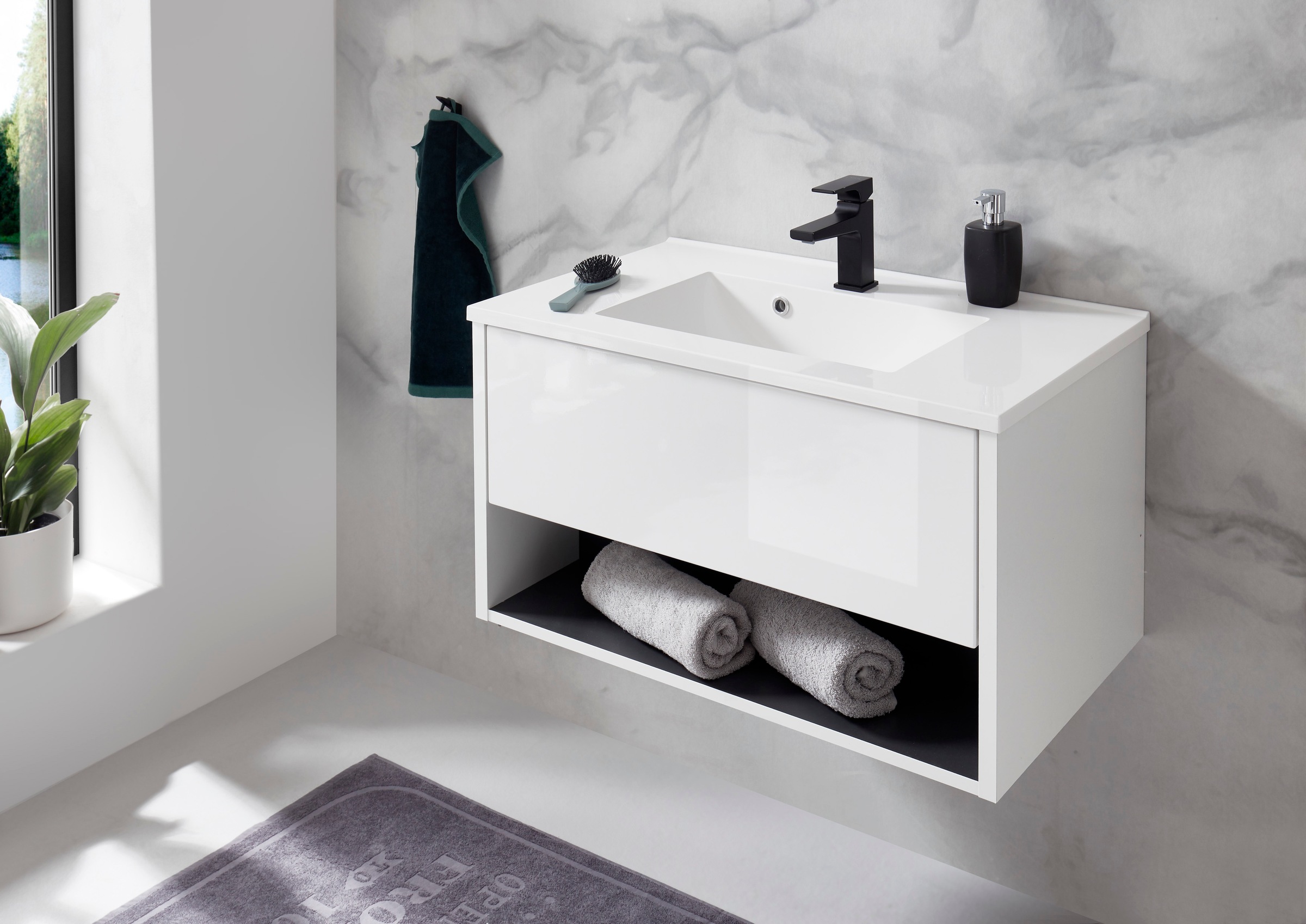 Places of Style Badmöbel-Set »Studio Line, Bad im modernen Design, 2-teiliges Badezimmer«, (2 St.), Waschtisch und Spiegel, in zwei Farben verfügbar, viel Stauraum