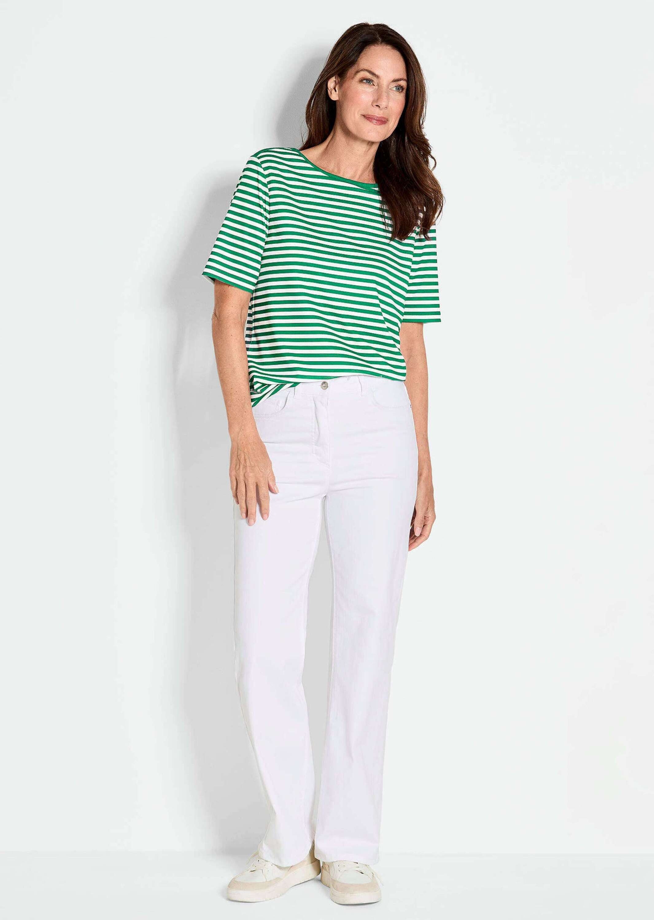 Kurzarmshirt GOLDNER "Stilvolles Streifenshirt für Damen", Damen, Gr. 42, grün (grün, weiß, geringelt), Obermaterial: 92% Viskose CV. 8% Elasthan EL., gerade, Gerade, Shirts, Blende 3