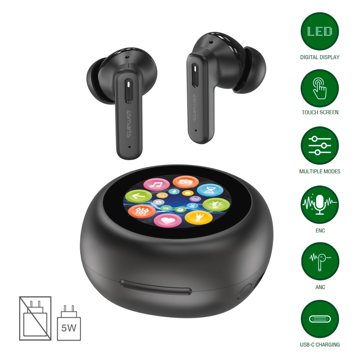 4smarts wireless In-Ear-Kopfhörer »TWS Bluetooth Kopfhörer SkyBuds Screen ANC«, Active Noise Cancelling (ANC)-Freisprechfunktion