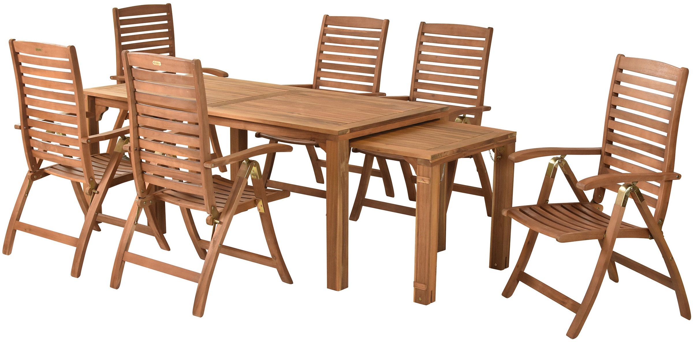 Garten-Essgruppe MERXX "Paraiba", braun (braun, braun, braun), Massivholz, Sitzmöbel-Sets, 6 Klappsessel, 5-fach verstellbar, Ausziehtisch