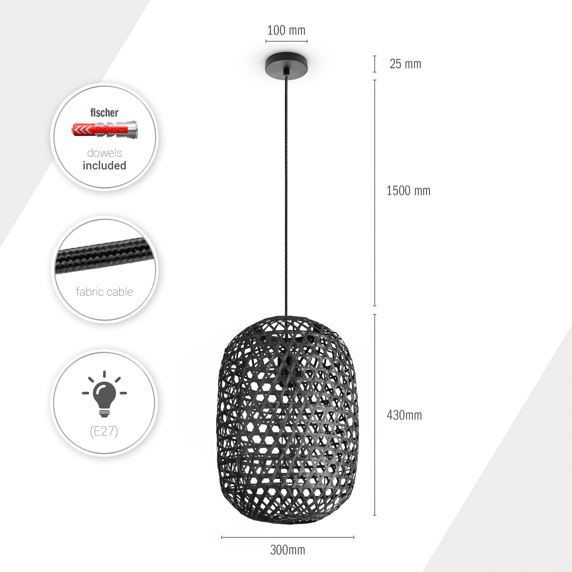Paco Home Pendelleuchte »PUNU«, Leuchtmittel E27 | ohne Leuchtmittel, Bambus Pendelleuchte Boho Deckenlampe Korb Hängend Rustikal E27 Natur