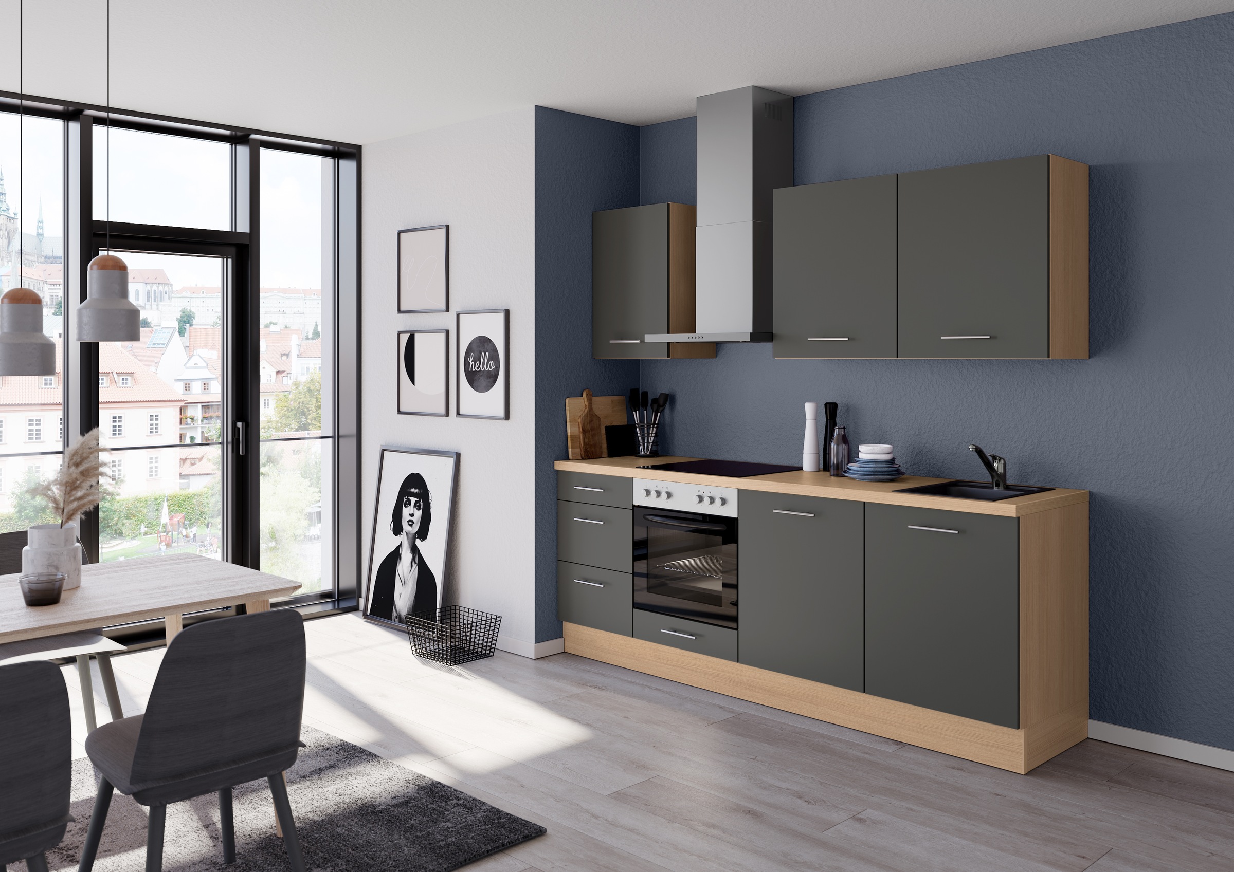 IMPULS KÜCHEN Küchenzeile »"Kopenhagen", Ausrichtung wählbar, Schubkästen mit Soft-Close«, vormontiert, wahlweise mit E-Geräten, Breite 220 cm