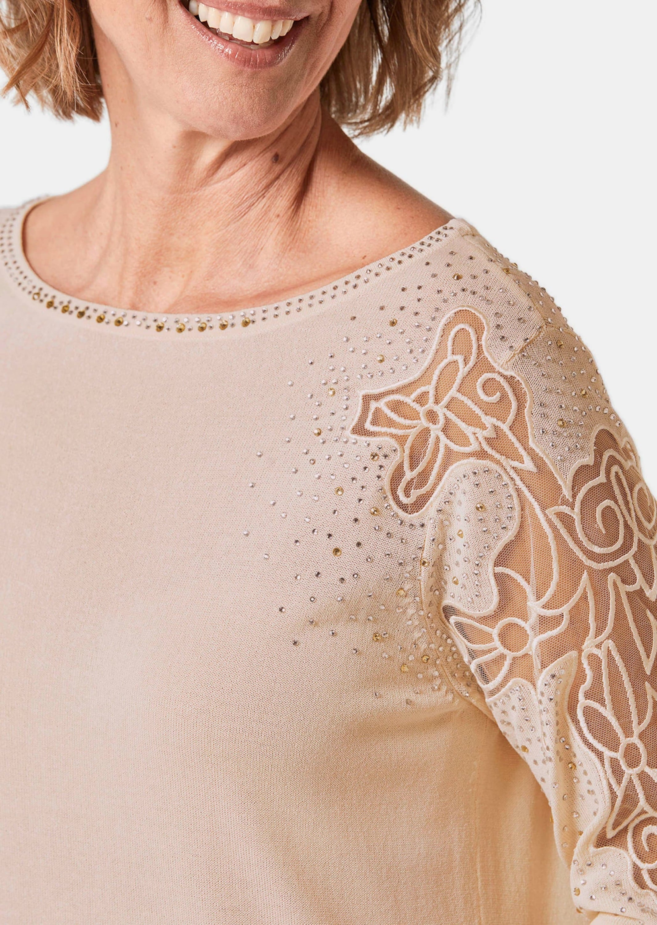 GOLDNER Rundhalspullover »Pullover Pullover mit Spitzeneinsätzen und Glanzsteinchen«