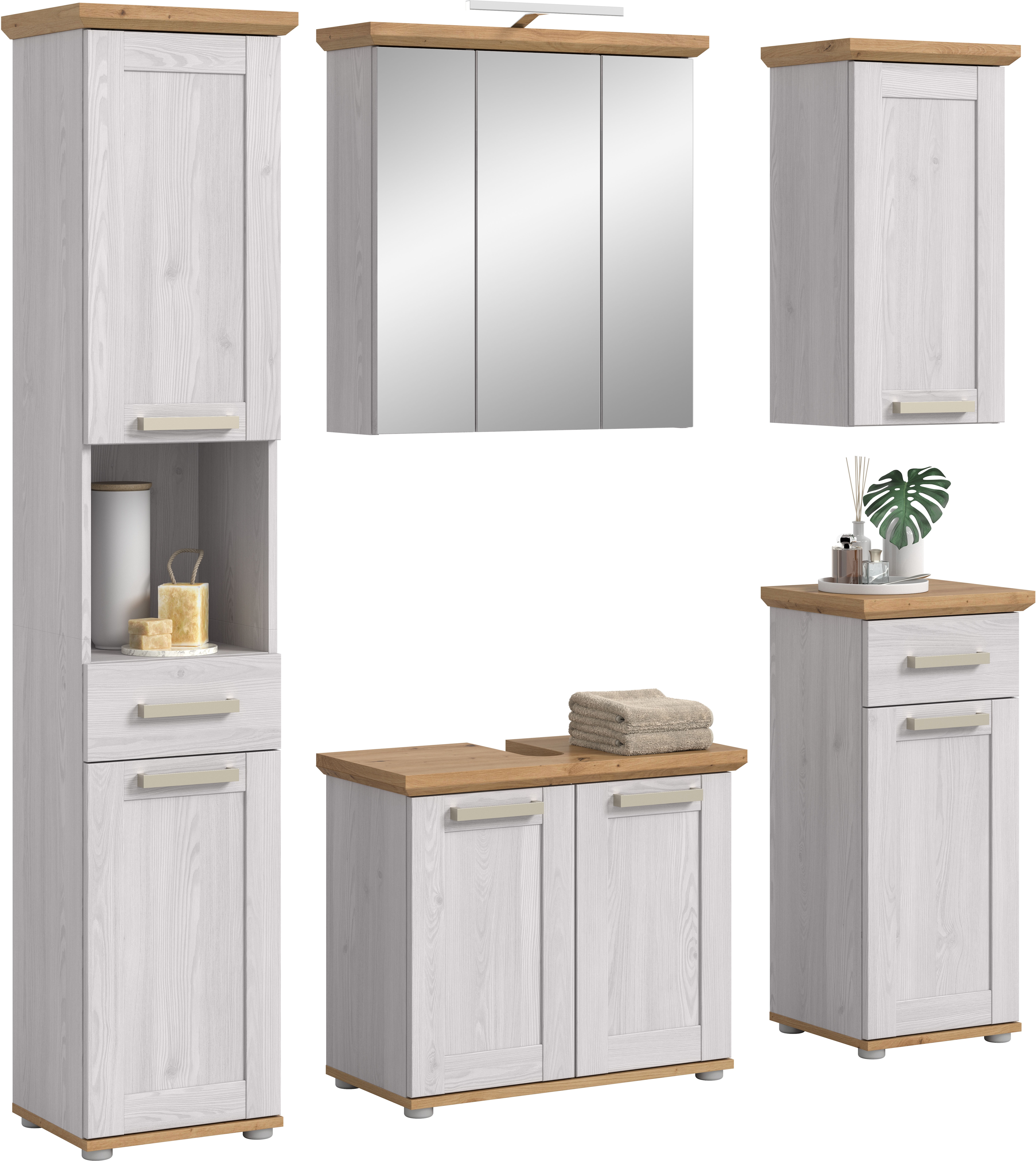 welltime Badmöbel-Set "COSENZA, 5-teilig, inkl. Beleuchtung, mit farblich abgesetztem Kranz" best aus: Hochschrank, WBU, Spiegelschrank, Hängeschrank, Unterschrank, 6 Stk. tlg.