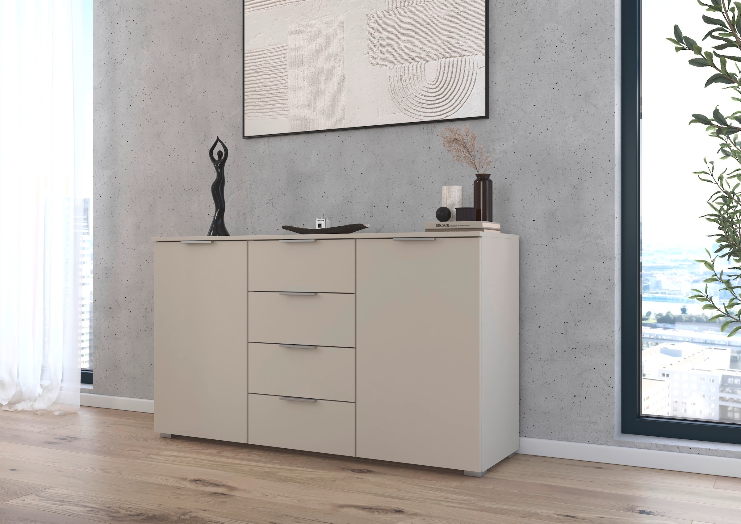 rauch Kombikommode »Sideboard Schubladenkommode AGORDO mit Dekor- oder Hochglanzfront«, (in zwei Griff-Farben, Breite 120 cm inkl. Soft-Close-Funktion), vier große Schubladen, mit insgesamt 4 Einlegeböden MADE IN GERMANY