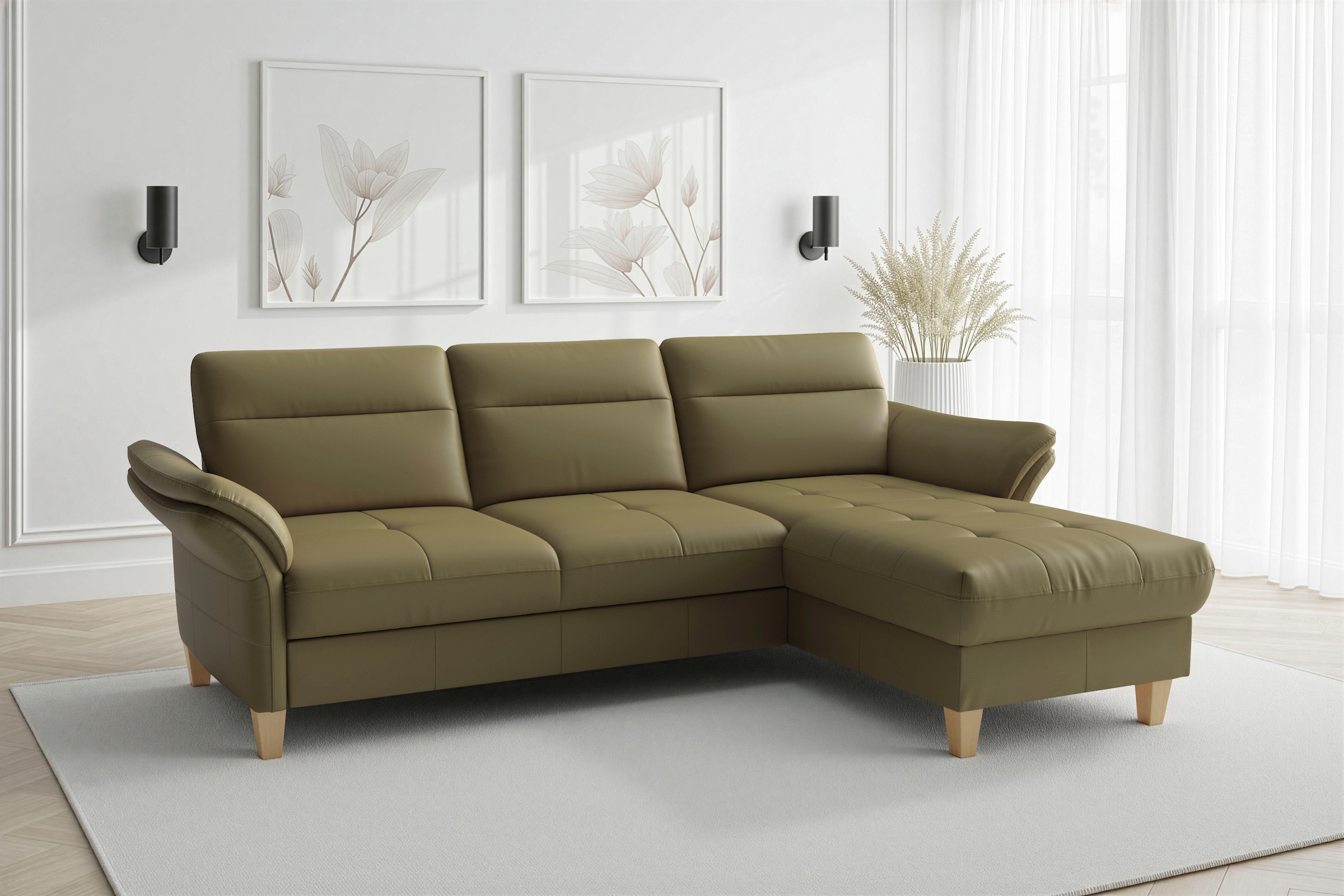 sit&more Ecksofa "Pamela L-Form, Leder, B: 218 und 230 cm mit Recamiere links od. rechts" optional Armteilverstellung, Schlaffunktion & Bettkasten
