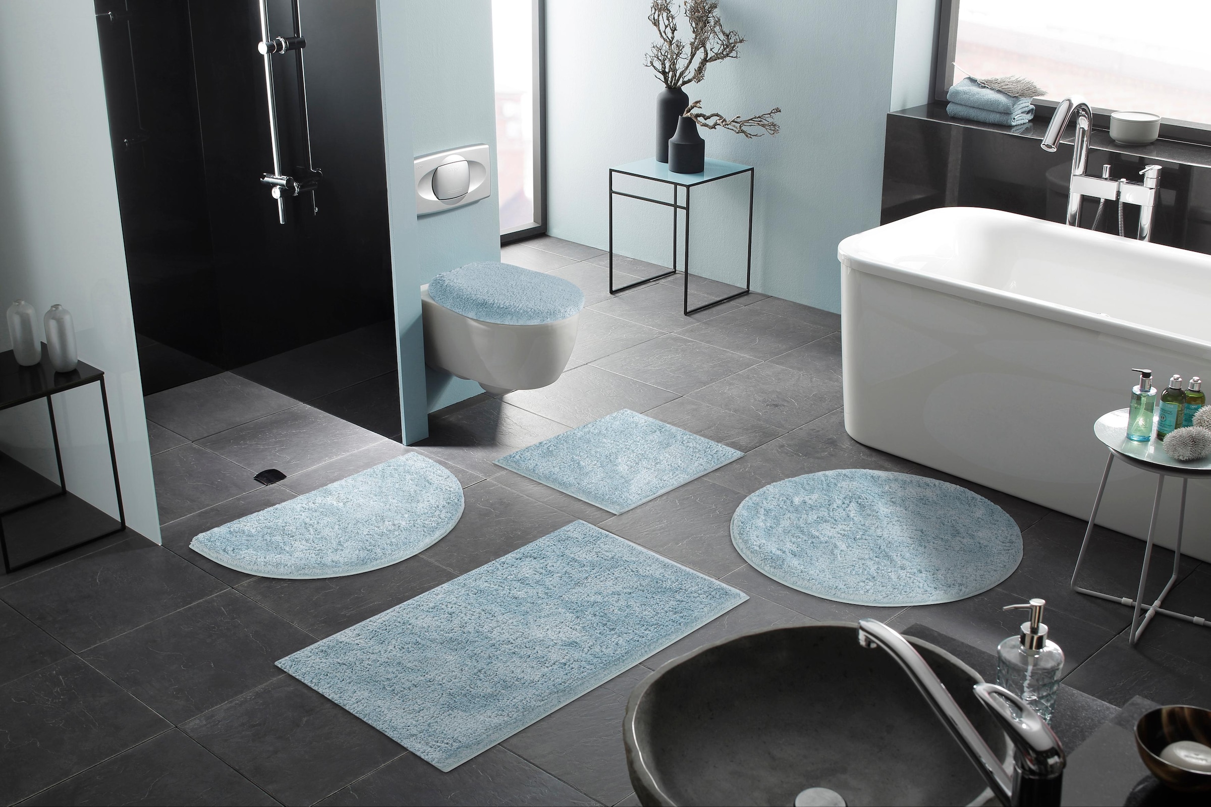 my home Badematte »Jos, Badvorleger, Badezimmer Teppich«, rutschhemmend beschichtet, fußbodenheizungsgeeignet-schnell trocknend, Badematten in Pastell-Farben, Badteppich als 3 teiliges Set erhältlich