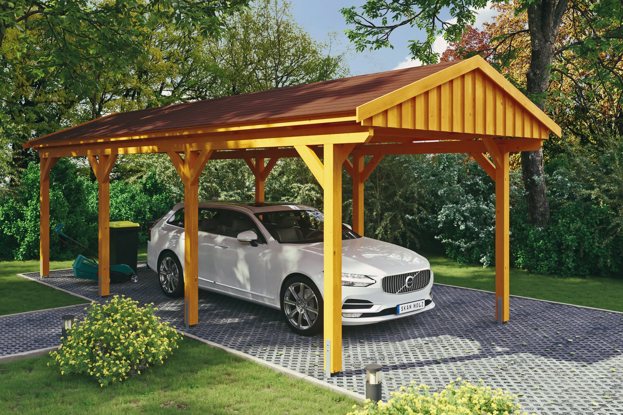 Skanholz Einzelcarport "Fichtelberg" Leimholz hellbraun mit roten Schindeln