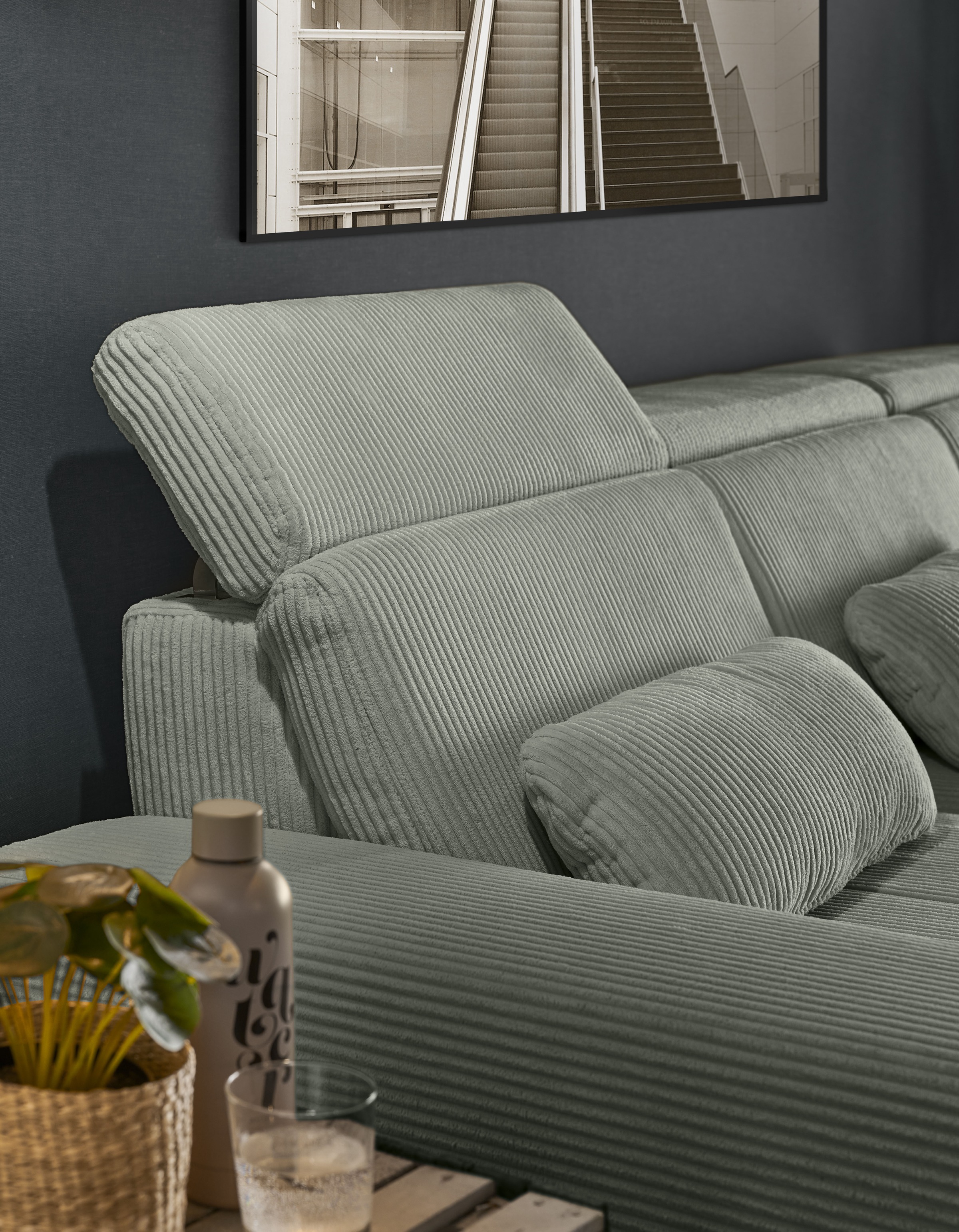 set one by Musterring Ecksofa »SO 3400 Sitzhöhe 47cm oder 49cm, Sitztiefe verstellbar, B/T: 307/195cm«, Kopteil verstellbar, mit Bettfunktion, in Cord, lind, Sitzhöhe 47