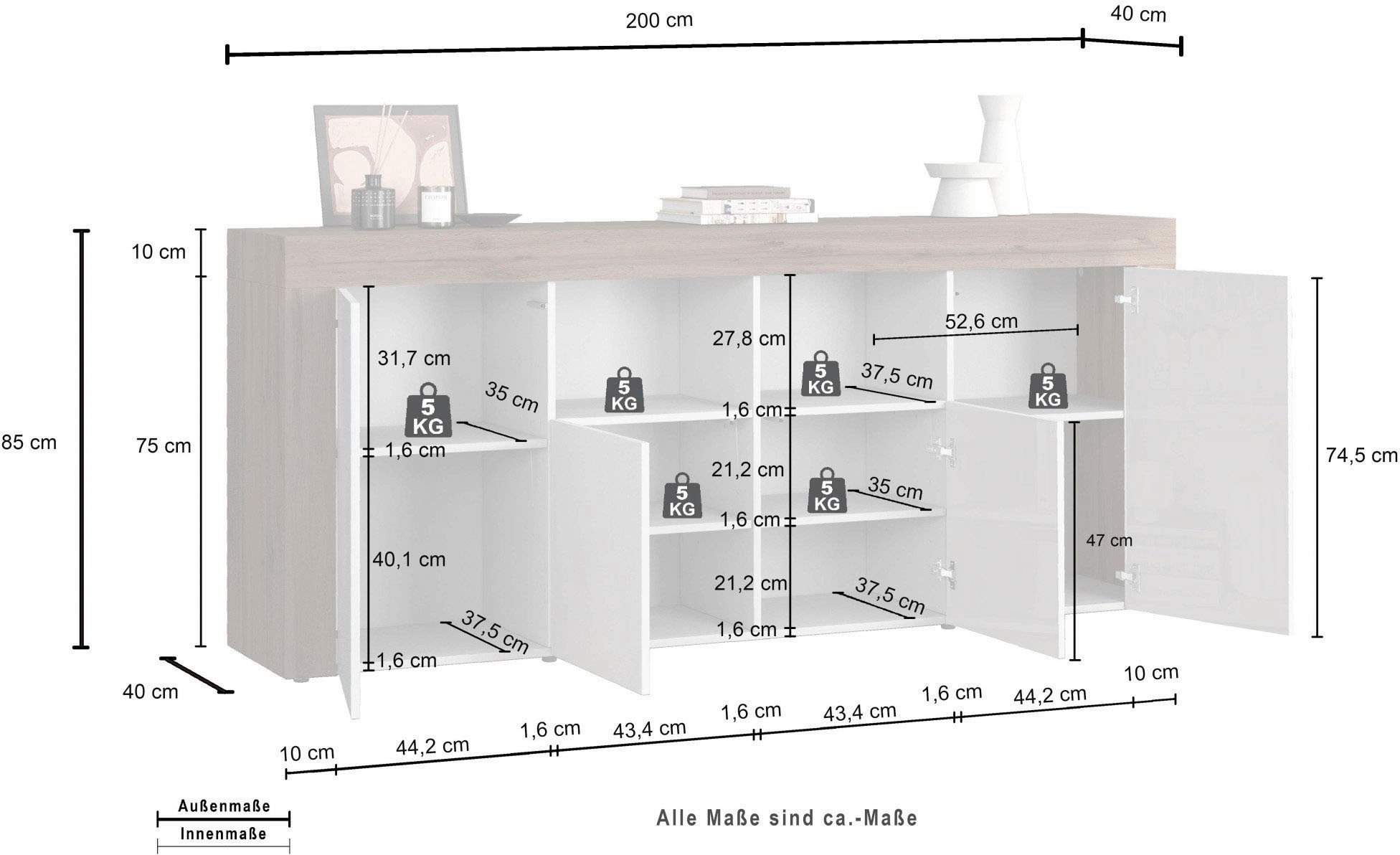 INOSIGN Sideboard »CHRONOS Breite 200 cm mit 4 Türen, 2 offene und 8 geschlossene Fächer«, (1 St.), Sideboard,Kommode, Schrank, Grifflos mit Push to Open, Made in Italy