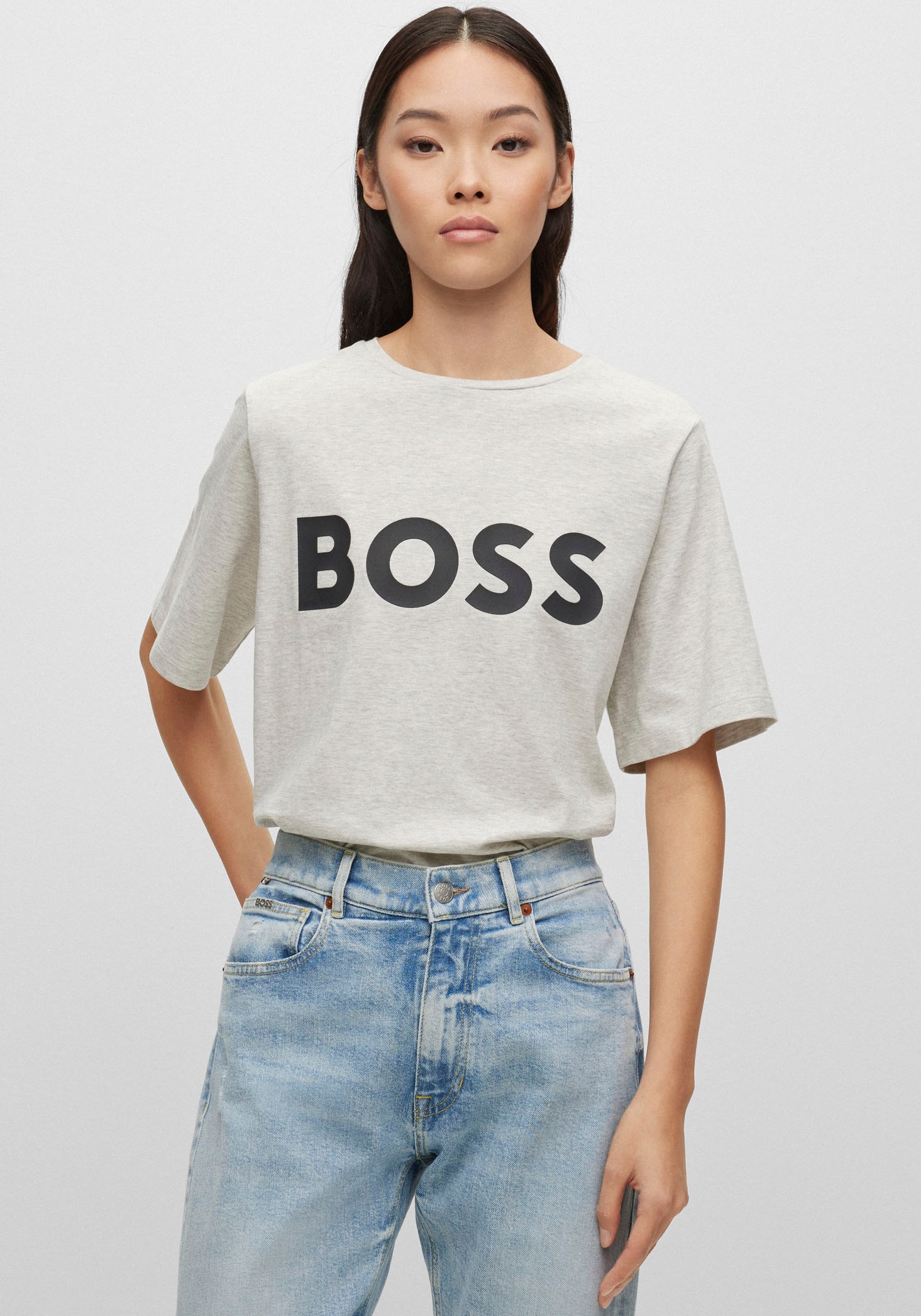 innen für | BOSS T-Shirt, BOSS-Kontrastband ORANGE Ausschnitt BAUR mit kaufen am