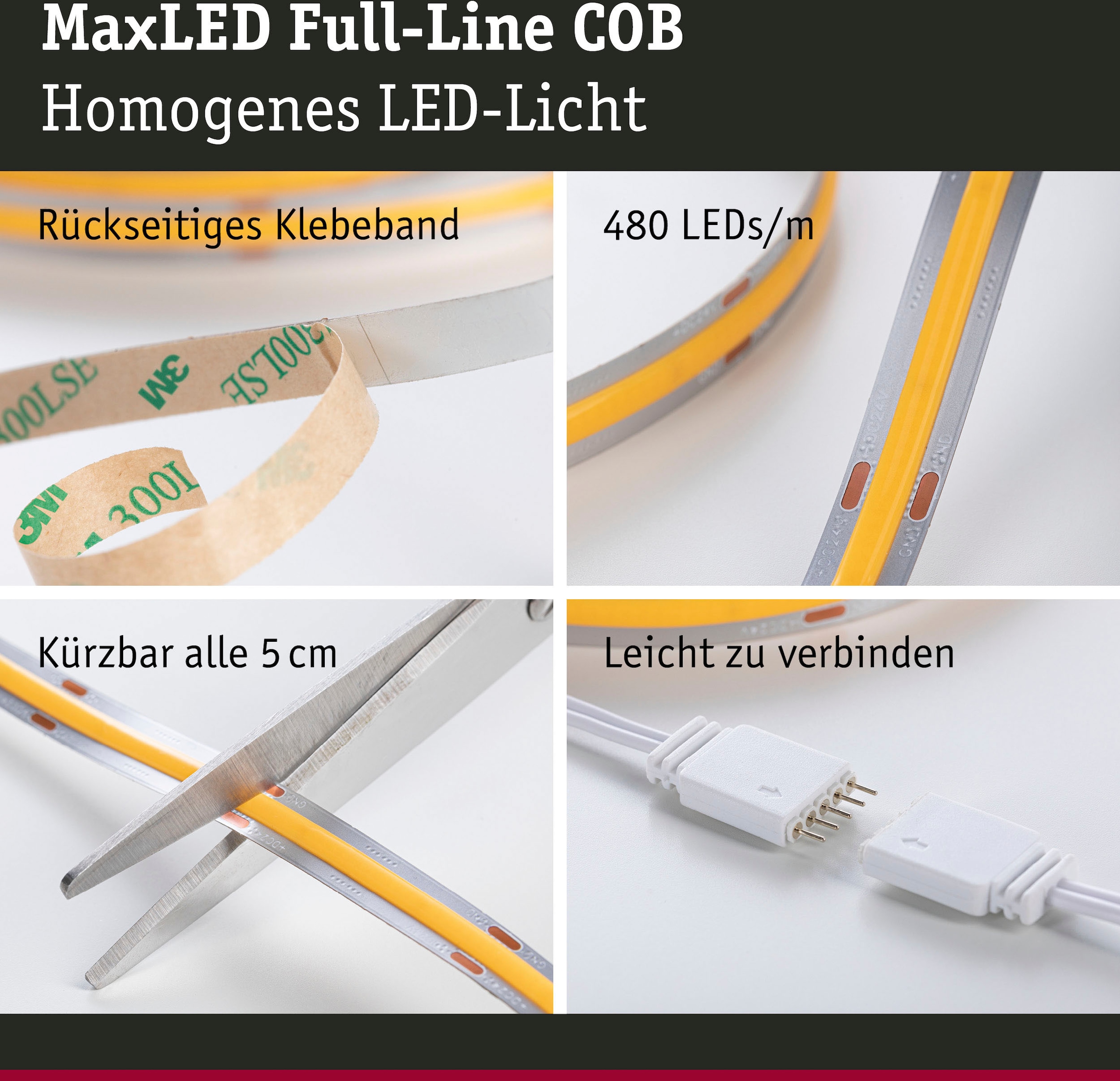 Paulmann LED-Streifen »MaxLED 500 Full-Line COB Basisset 3m Warmweiß 19W  1500lm 480LED 2700K«, 1 St.-flammig, Basisset bestellen | BAUR