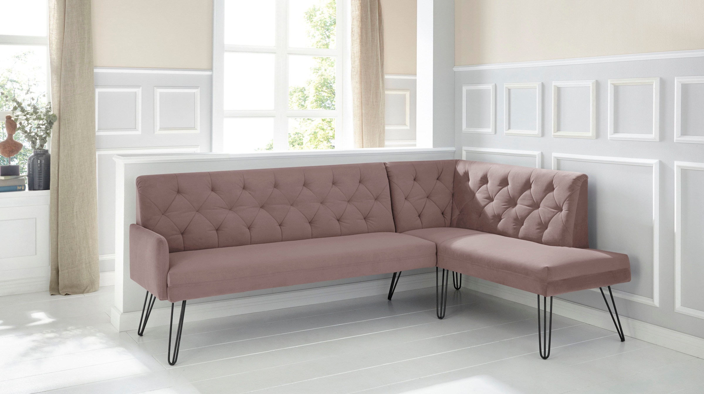 exxpo - sofa fashion Eckbank "Doppio, Chesterfield Optik, komfortabel und bequem, hohe Designfüße", Frei im Raum stellba