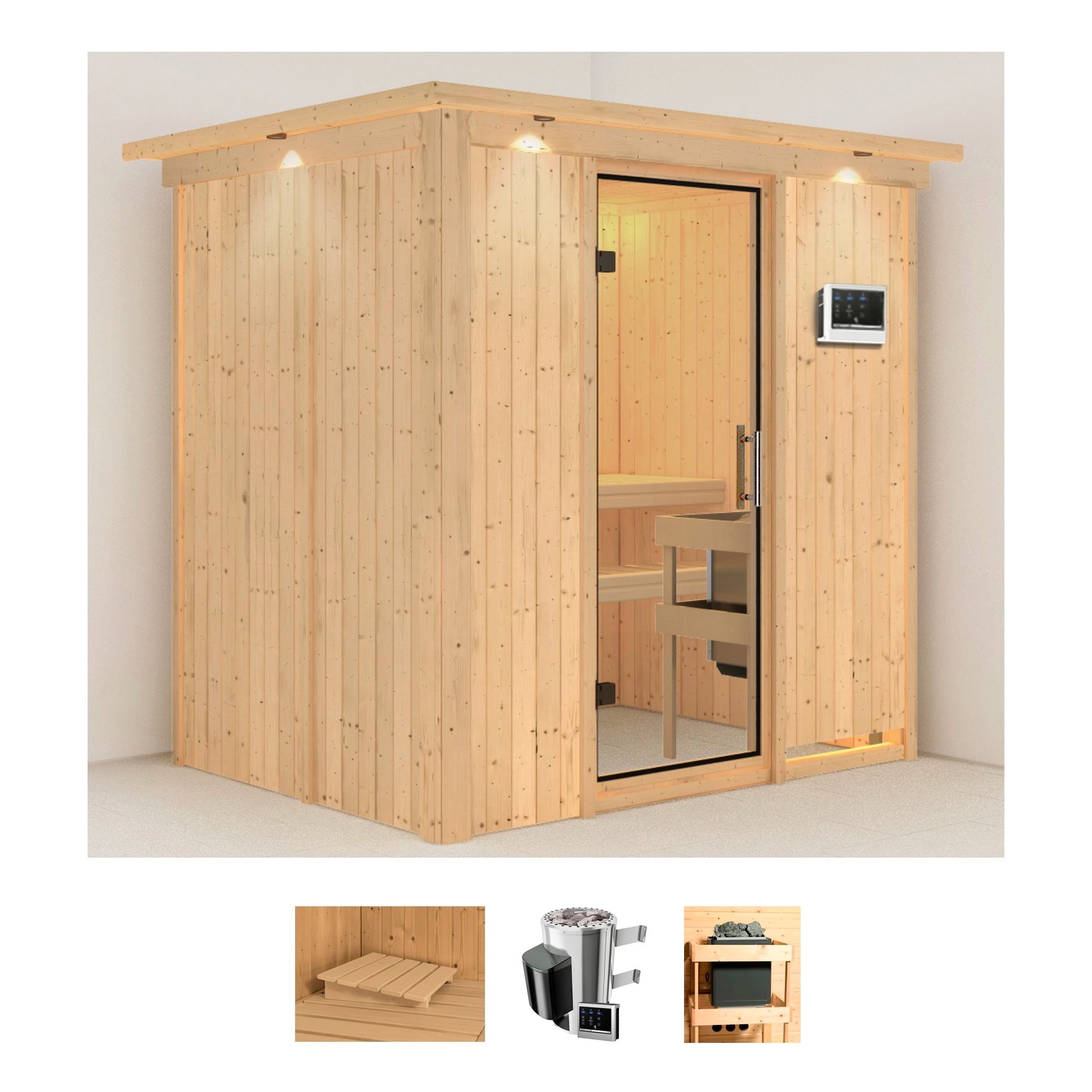 Karibu Sauna "Finja" Set, Ofen 3,6 kW externe Strg.easy