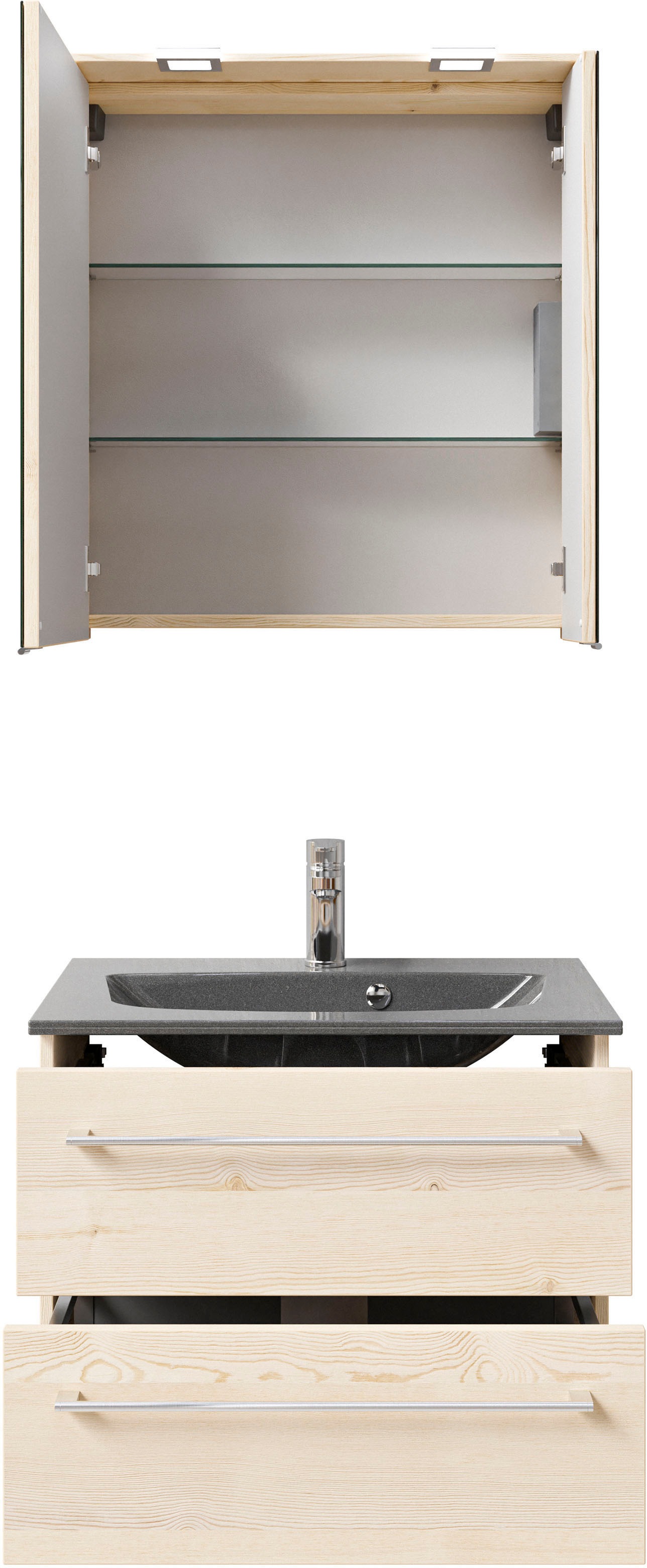 Thumbnail - Saphir Badmöbel-Set "Serie 6025 2-teilig Mineralmarmor-Waschtisch mit LED-Spiegelschrank" 2 Stk. tlg. Waschplatz 67 cm b...