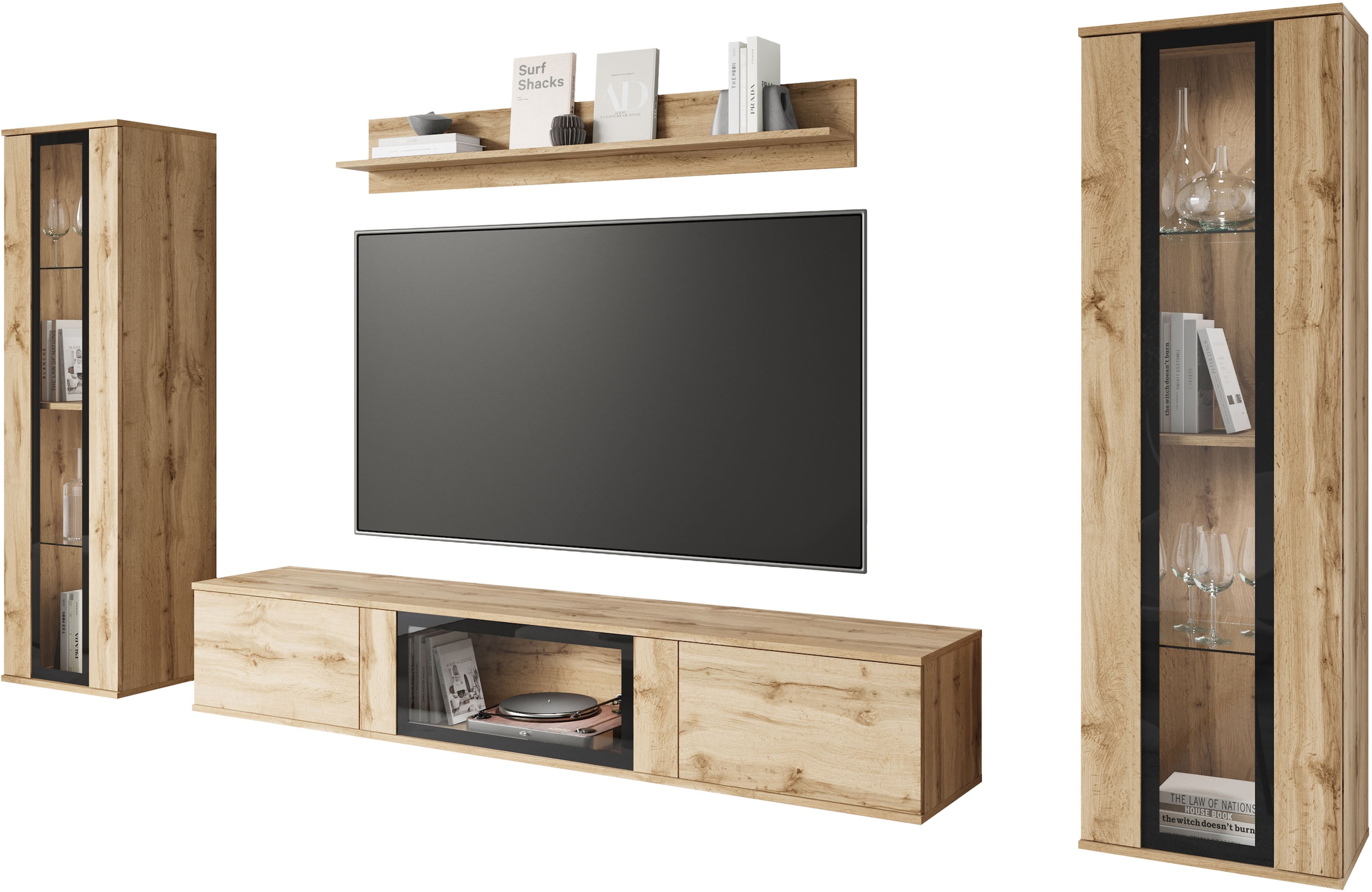 INOSIGN Wohnwand »Caro, stehend und hängend montierbar«, (Komplett-Set, 4 St., Vitrine Türanschlag links/rechts wechselbar), grifflose Design, höhenverstellbare Einlegeböden