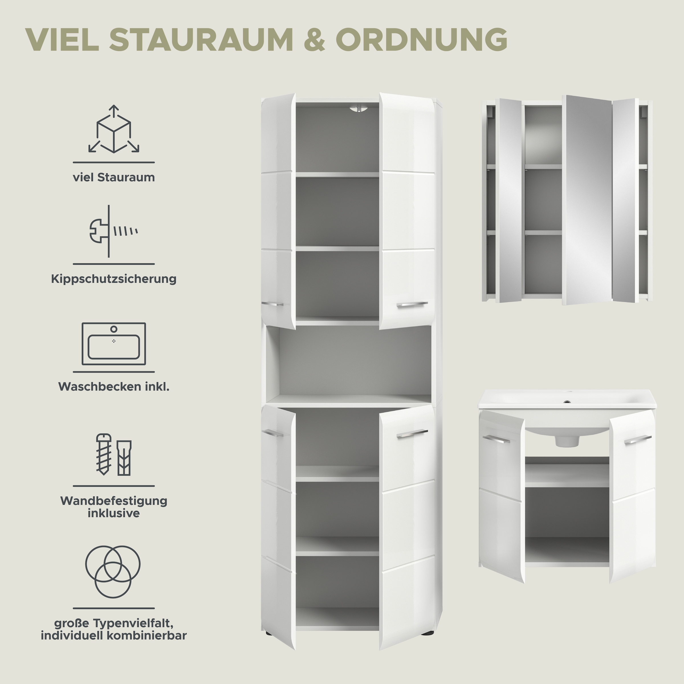 INOSIGN Badezimmer-Set, (Set, 4 St.), Florenz, Badkombination 4-tlg.,Weiß hochglanz, inkl. Waschbecken