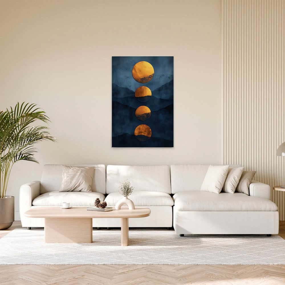 A.S. Création Leinwandbild »Indigo Sunset - Wandbild Blau Gold Keilrahmen Kunst modern«, Natur, (1 St.), Canvas Sonnenlandschaft Leinwand Natur Wandkunst Wohnzimmer Natürlich