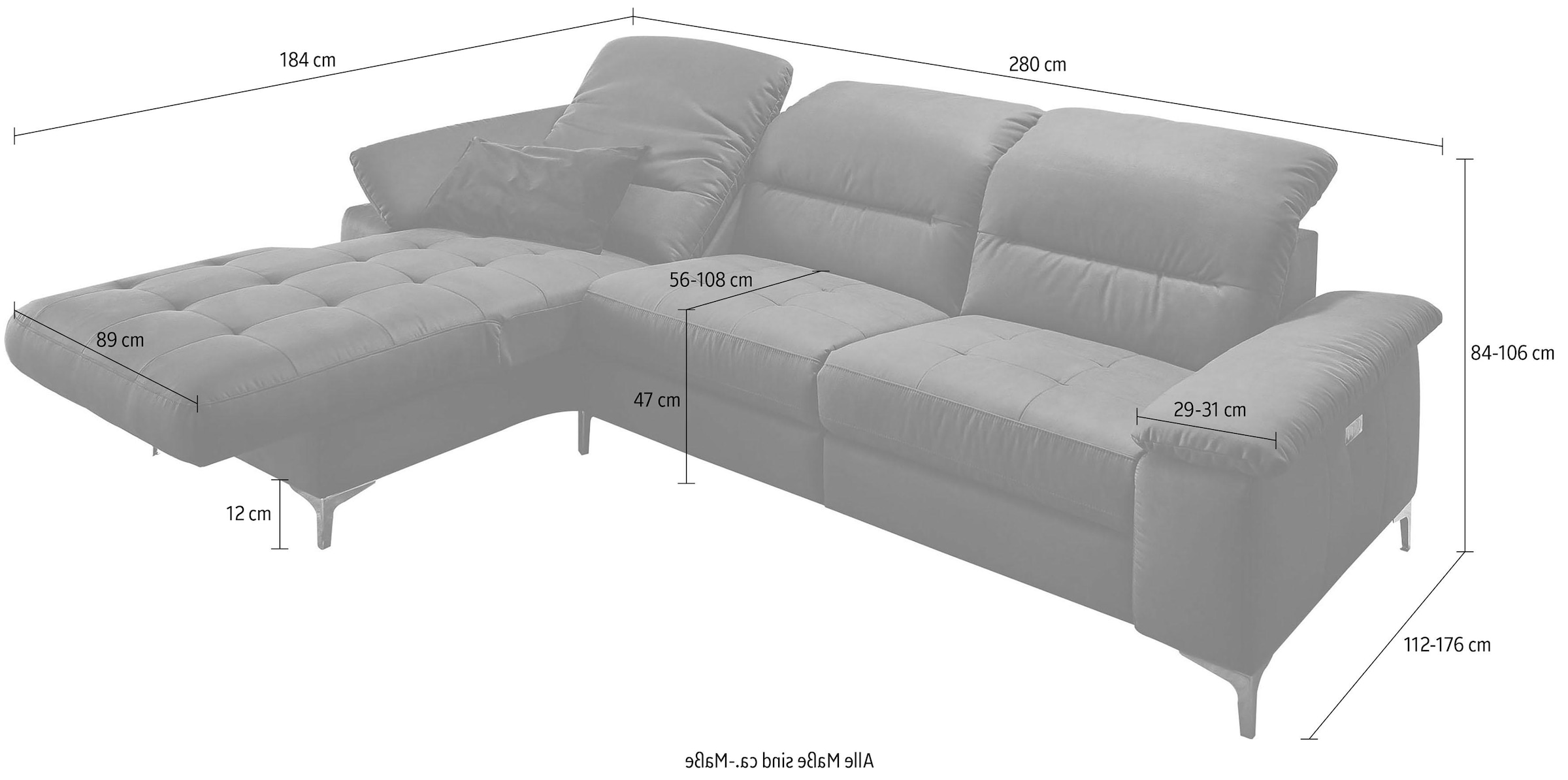 Places of Style Ecksofa »Basel L-Form«, mit vollmotorischer Relaxfunktion und motorischer Recamiere