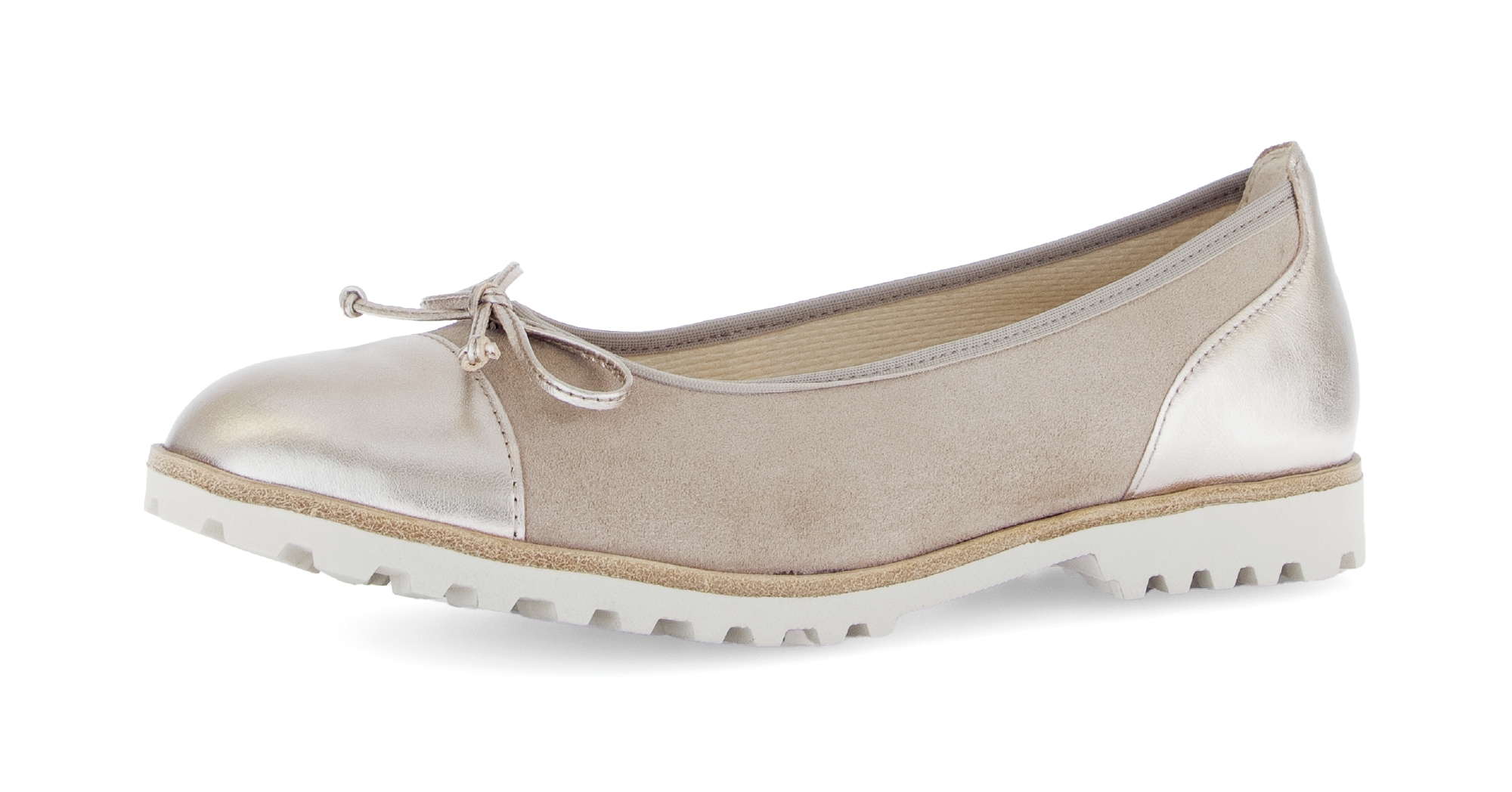 Ballerina GABOR, Damen, Gr. 38,5, taupe, silberfarben, Glattleder, Veloursleder, Schuhe Ballerina, Blockabsatz, Businessschuh, Schlupfschuh mit Zierschleife