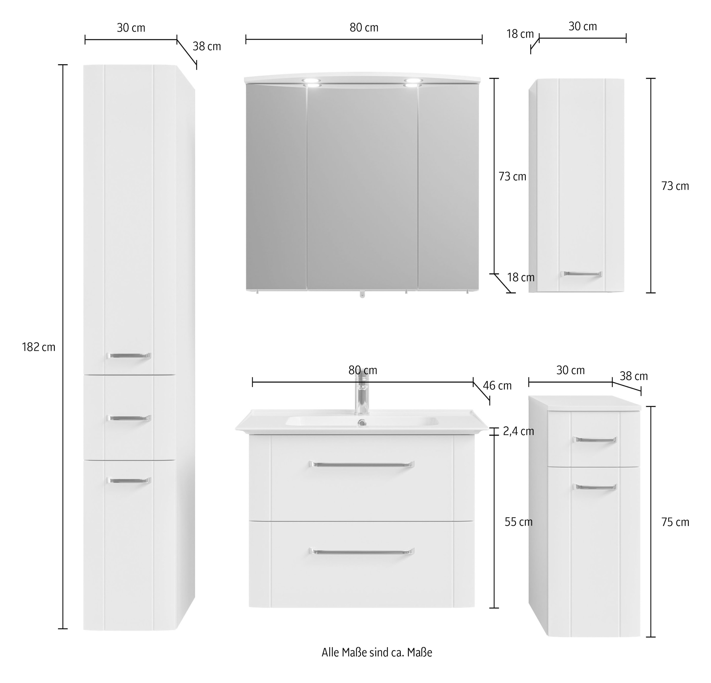 Saphir Badmöbel-Set »Badmöbel-Set Serie 3006 5-teilig Keramik-Waschtisch mit Spiegelschrank«, (6 St.), Badezimmer-Set mit Unterschrank, Hängeschrank, Hochschrank, Türdämpfer