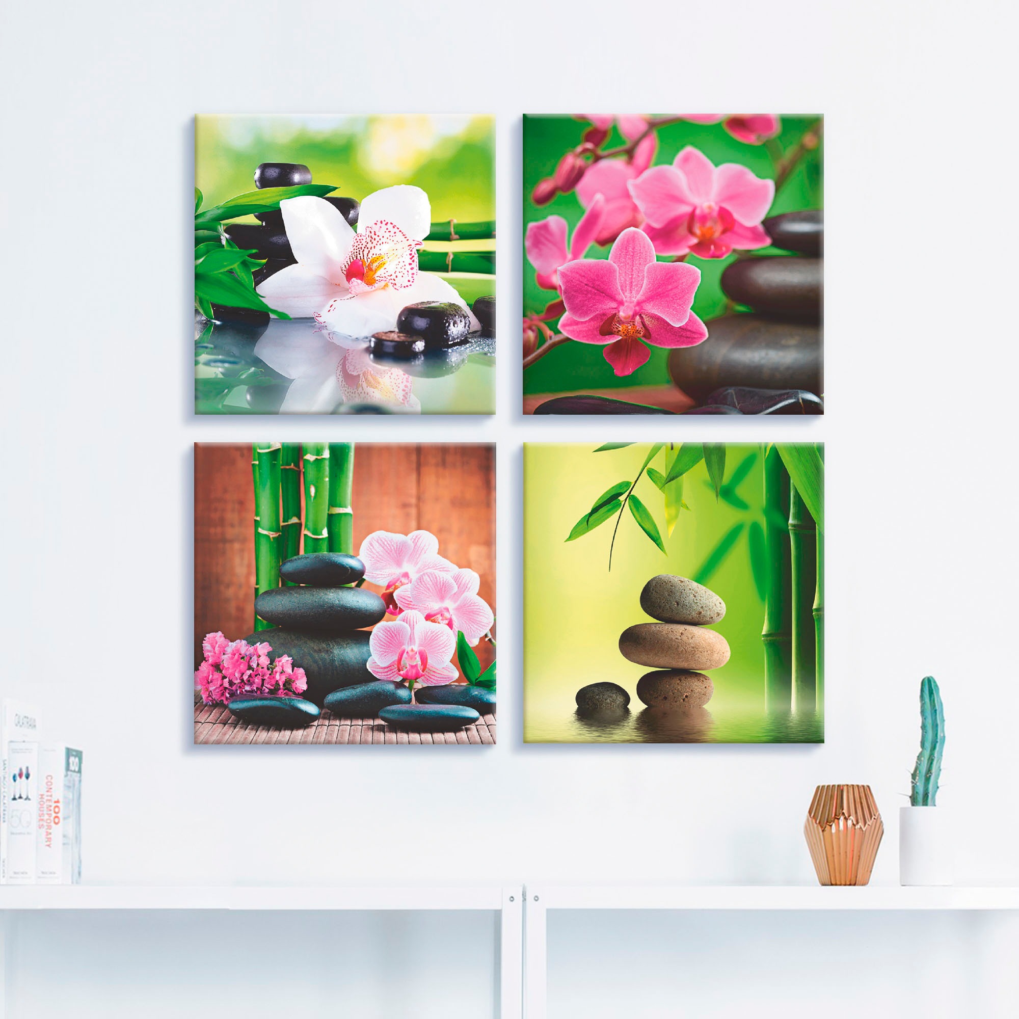 Artland Leinwandbild "Spa Bambus Zweige Zen Steine" Zen 4 Stk. tlg. 4er Set günstig online kaufen