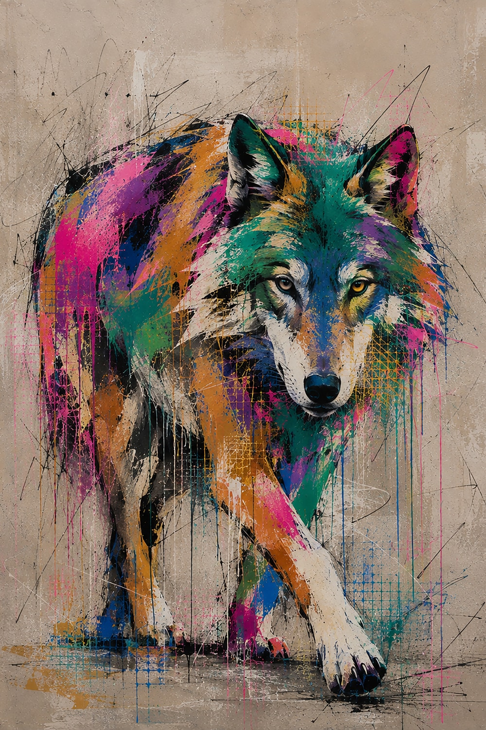 queence Acrylglasbild »Urban Art Bunter Wolf« Abstrakt | Tiere | Wolfbilder 1 Stk. tlg. Wandbild Wohnzimmerdeko buntes Tiermotiv Abstrakte Kunst
