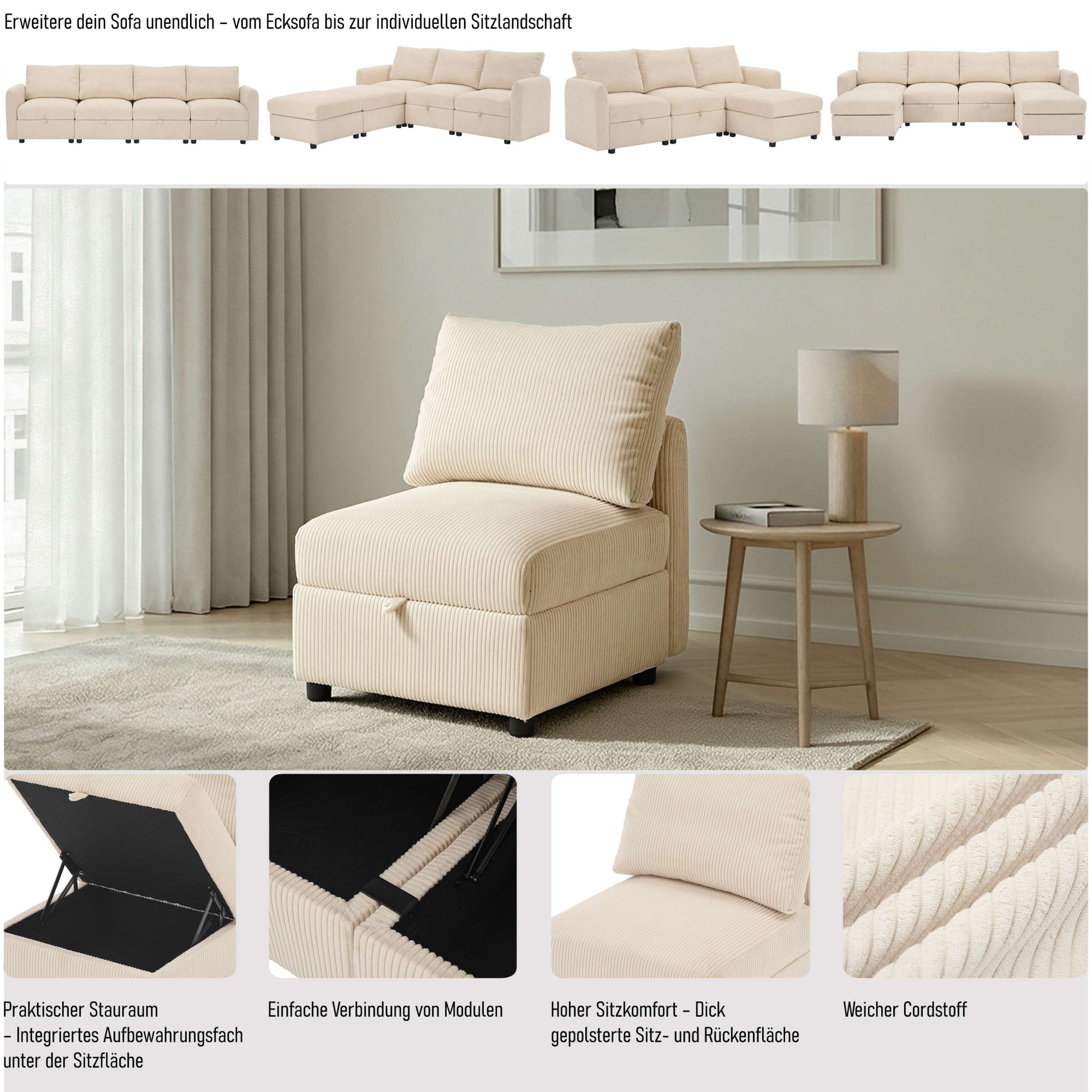 Dorel Home Sessel »STILHUS Sofa-Mittel-Element, mit Stauraum, Breite 65 cm, Cord-Bezug« als Modul oder separat verwendbar - individuell kombinierbar