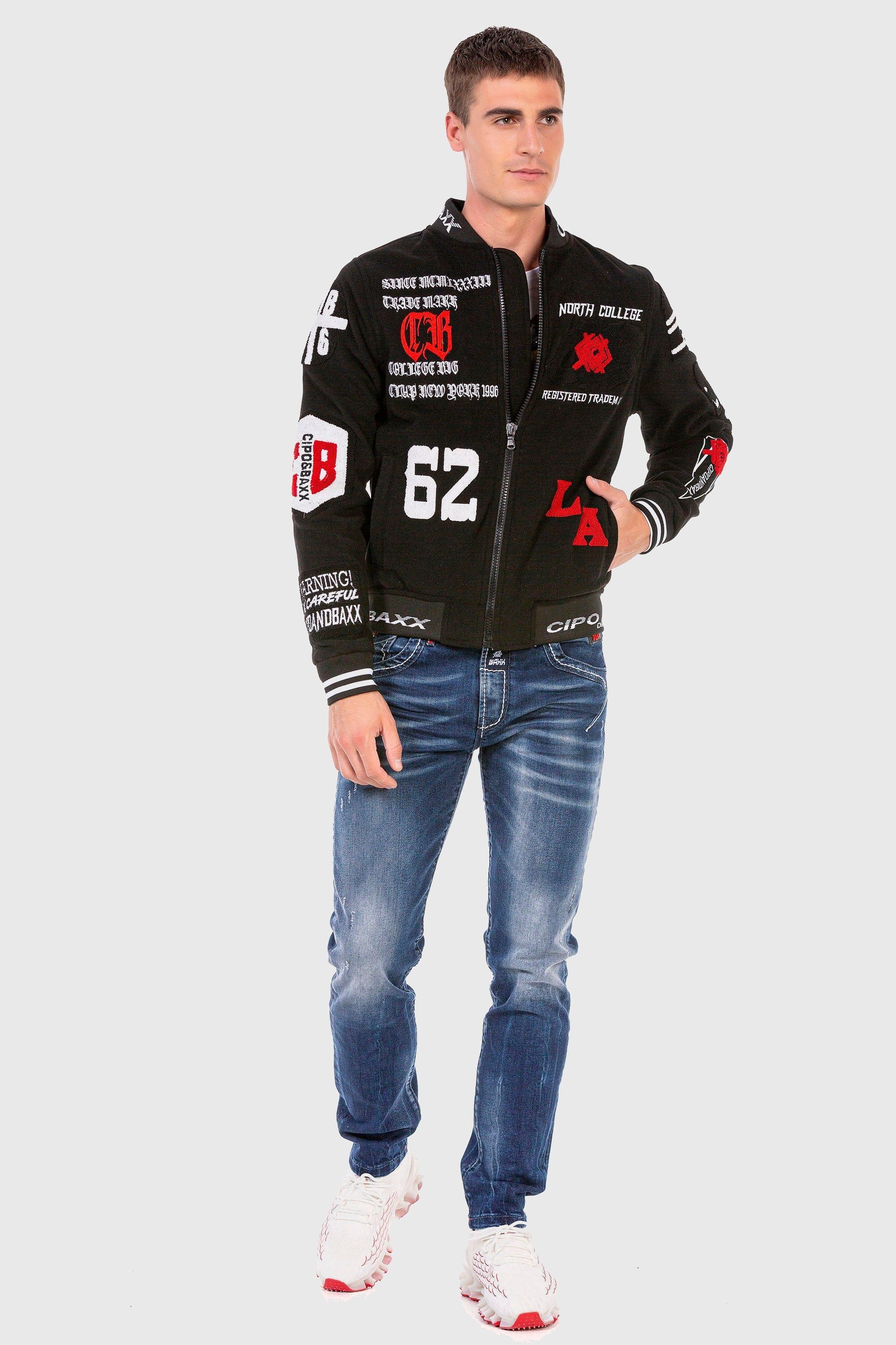 Outdoorjacke CIPO & BAXX "Jacke", Herren, Gr. L, schwarz, Stoff, 74% Polyester, 23% Viskose, 3% Elasthan, unifarben, regular fit normal, Jacken Outdoorjacke, mit coolen Stickereien 3