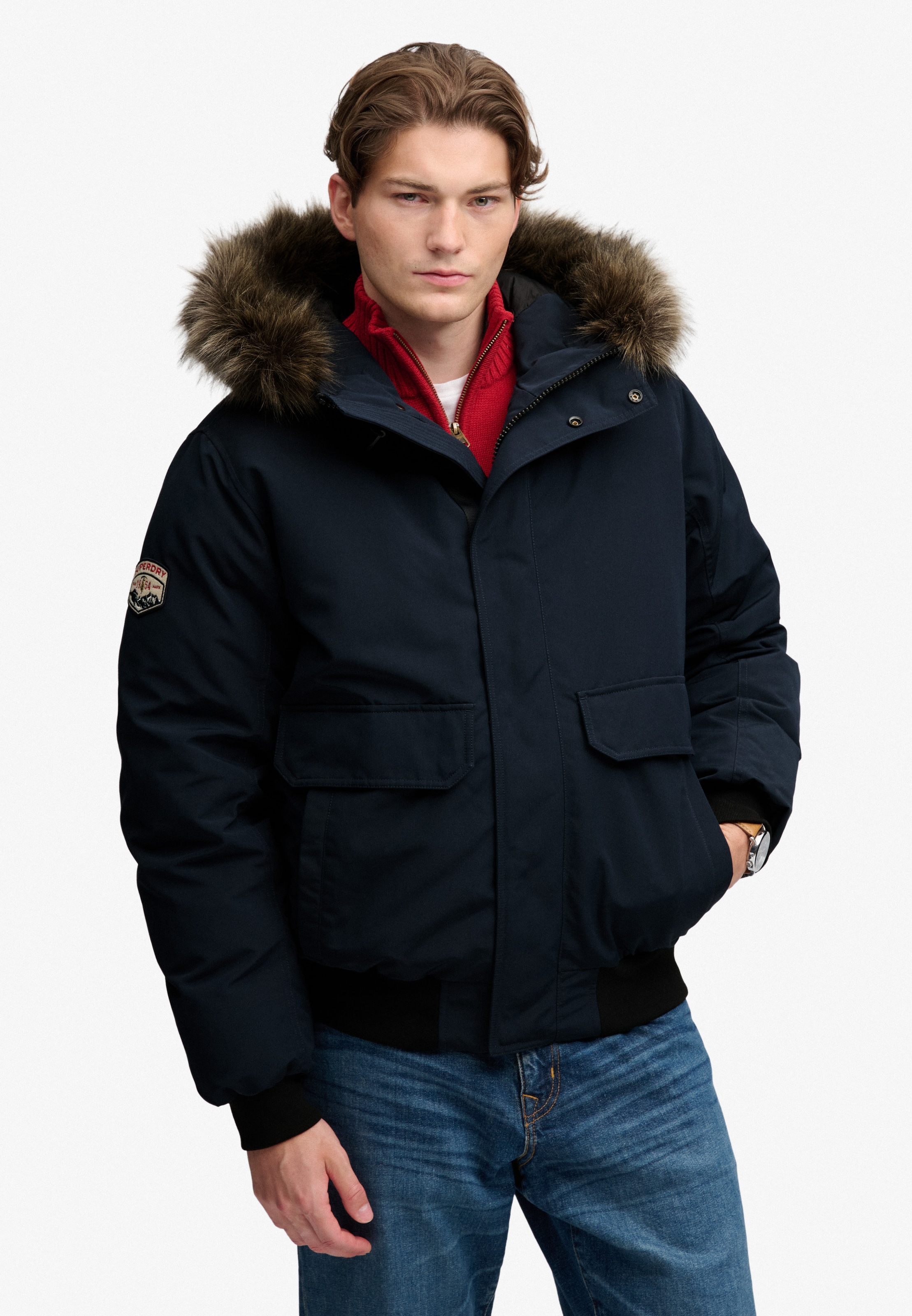 Superdry Bomberjacke "FAUX FUR EVEREST BOMBER JACKET" mit Kapuze Kunstfaser, relaxed fit