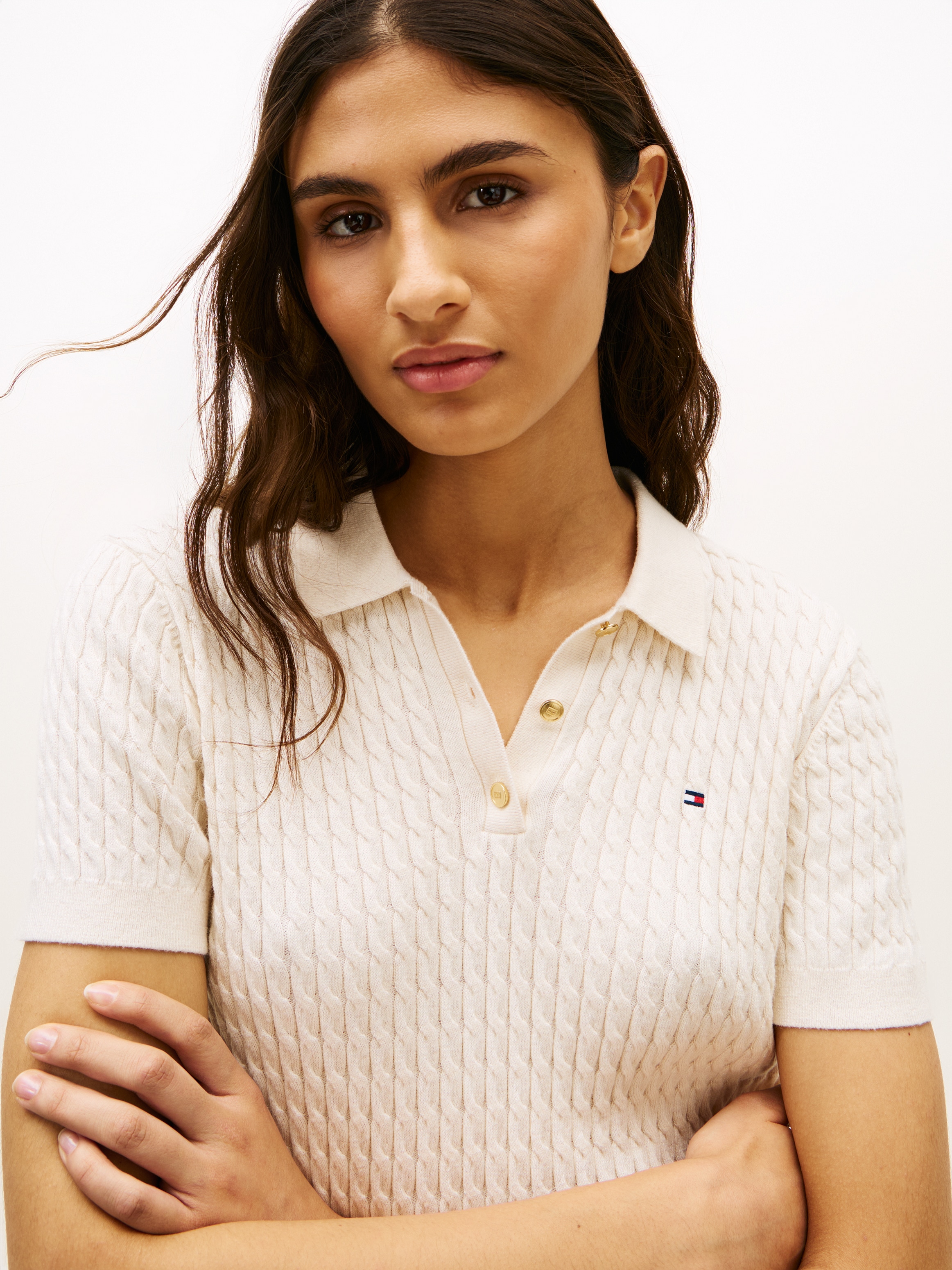 Tommy Hilfiger Poloshirt »CO CABLE POLO-NK SS SWEATER« mit Zopfmuster, Regular Fit