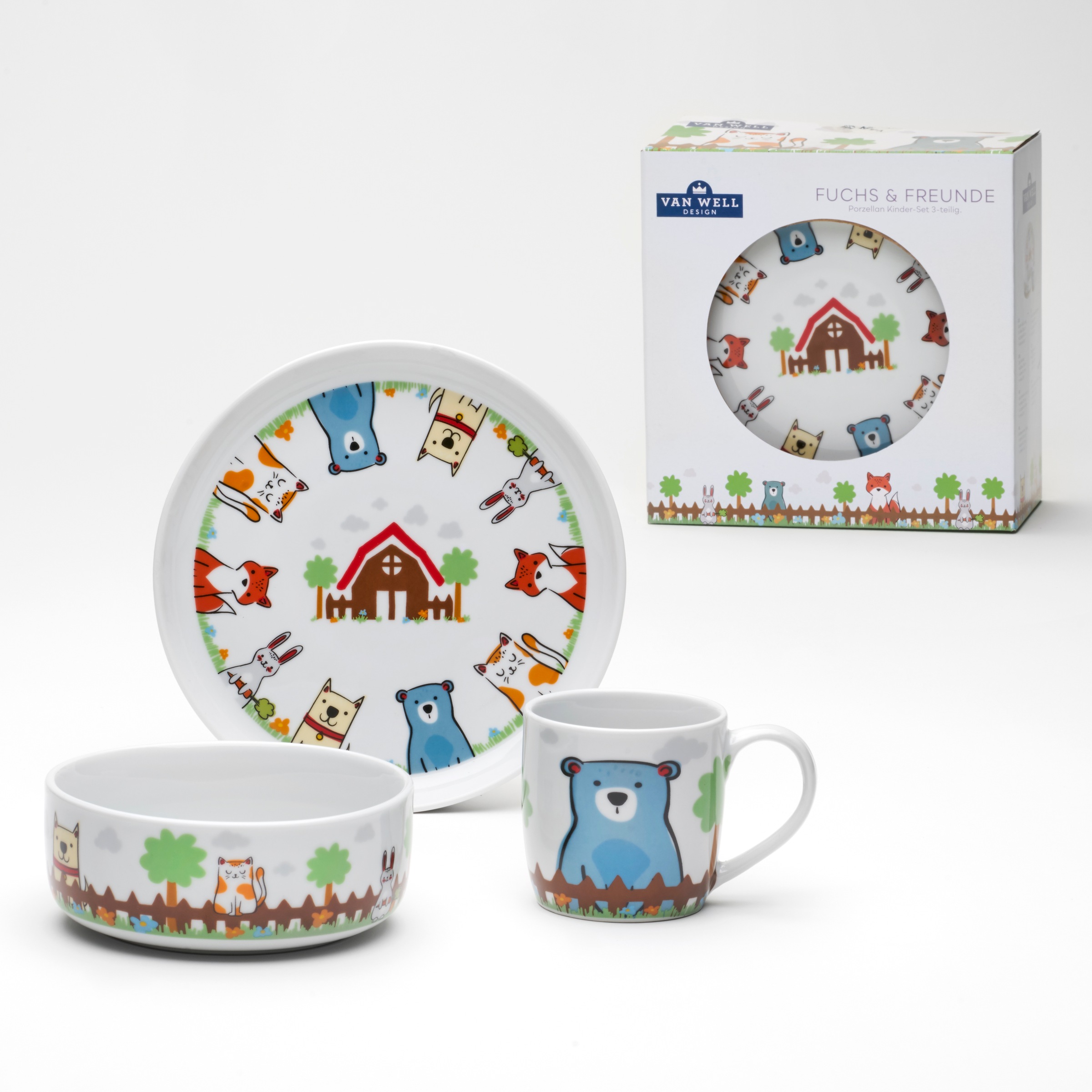 VAN WELL Kindergeschirr-Set "Kinderset Fuchs und Freunde, 3-teilig, Geschirr-Set, Service", 3 Stk., bunt, Geschirr-Sets, mit farbenfrohem Dekor,