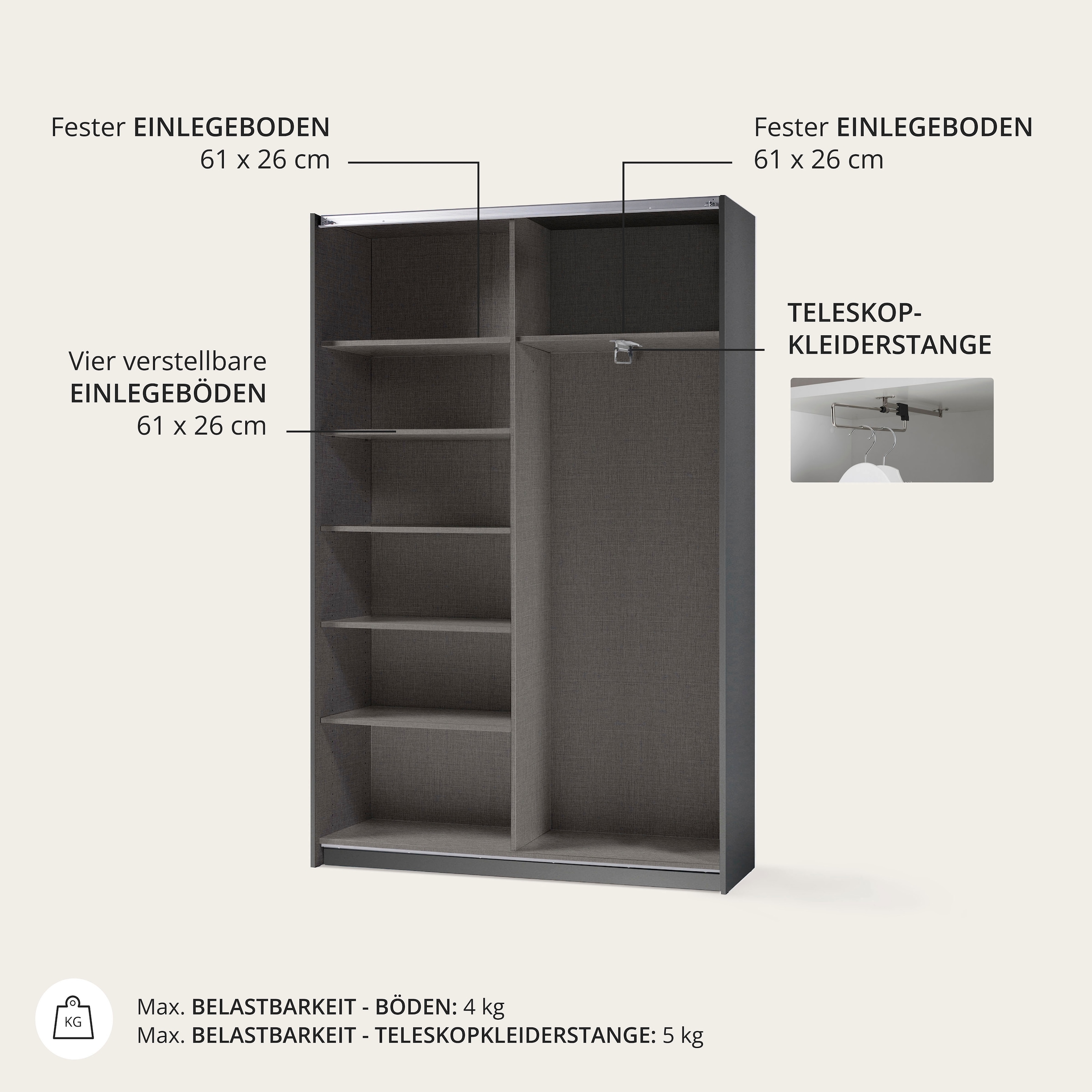 Schlafkontor Schwebetürenschrank »Heimo/Fast Schrank Kleiderschrank Garderobe«, geringe Tiefe, ausziehbarer Kleiderstange, Garderobenschrank, 6 Böden