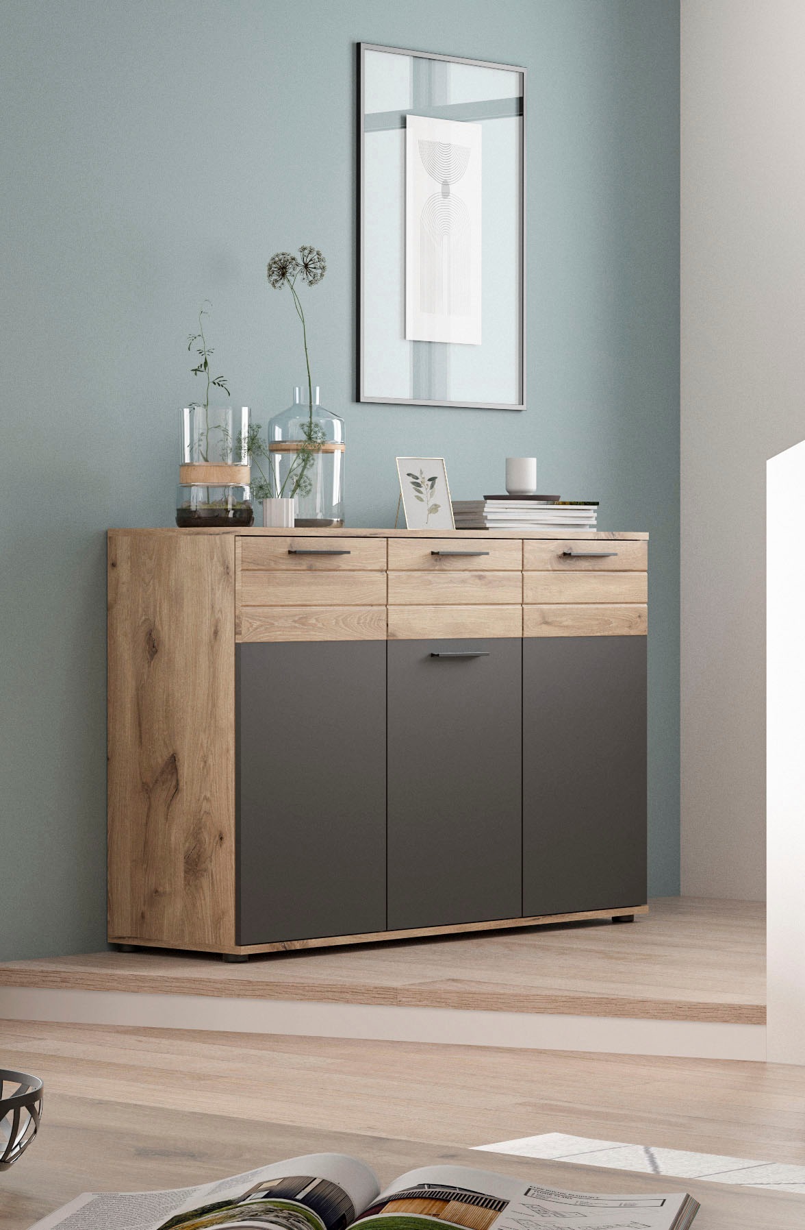 INOSIGN Sideboard »Riga, Breite 120cm, 3 Türen, 1 Schubkasten, 5 Einlegeböden, 8 Fächer«, hochwertige Rillenfräsung, mit Softclose, Kommode, Anrichte, Schrank